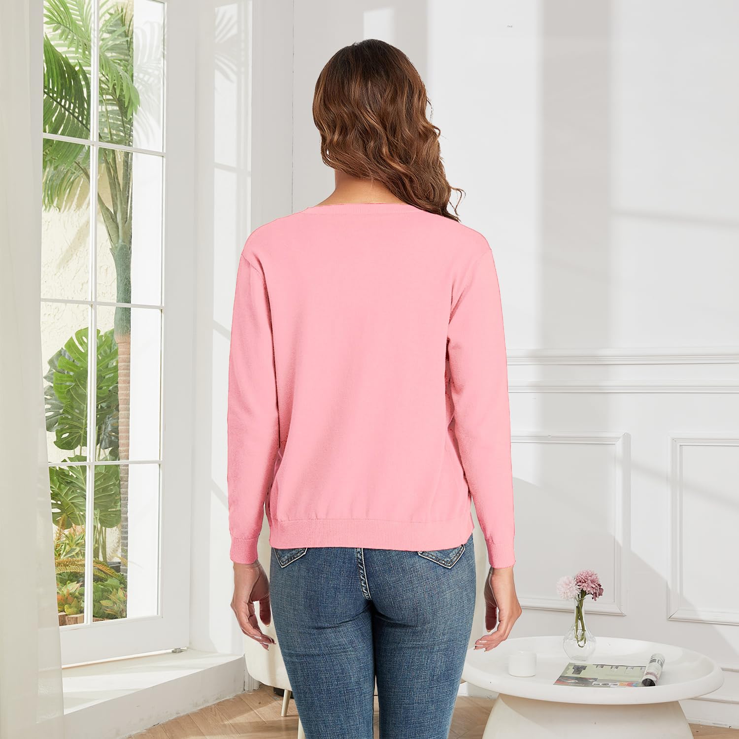 CUNYI Cardigan Donna Maglia con Bottoni Girocollo Classico Manica Lunga Giacca Cappotto Elegante, Rosa M