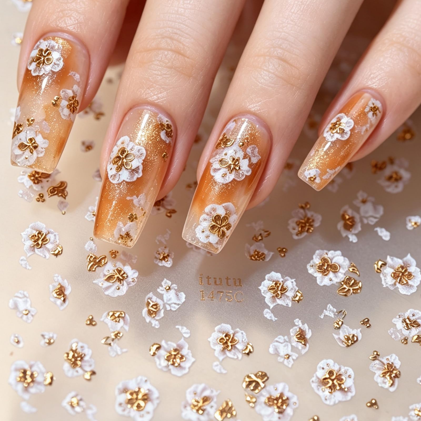 Fall Nail Stickers Decals White Flower Nail Art Decals Gold Nails DIY Art