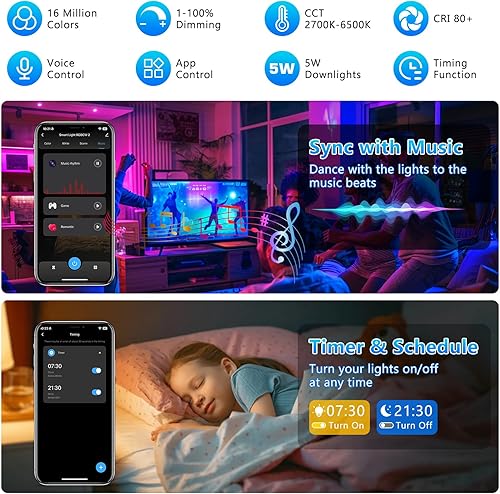 Miniatura 6 de Iluminación empotrable inteligente de 2 pulgadas, WiFi de 5 W, luz empotrada compatible con Alexa y Google Home, regulable RGB y CCT 2700-6500K,