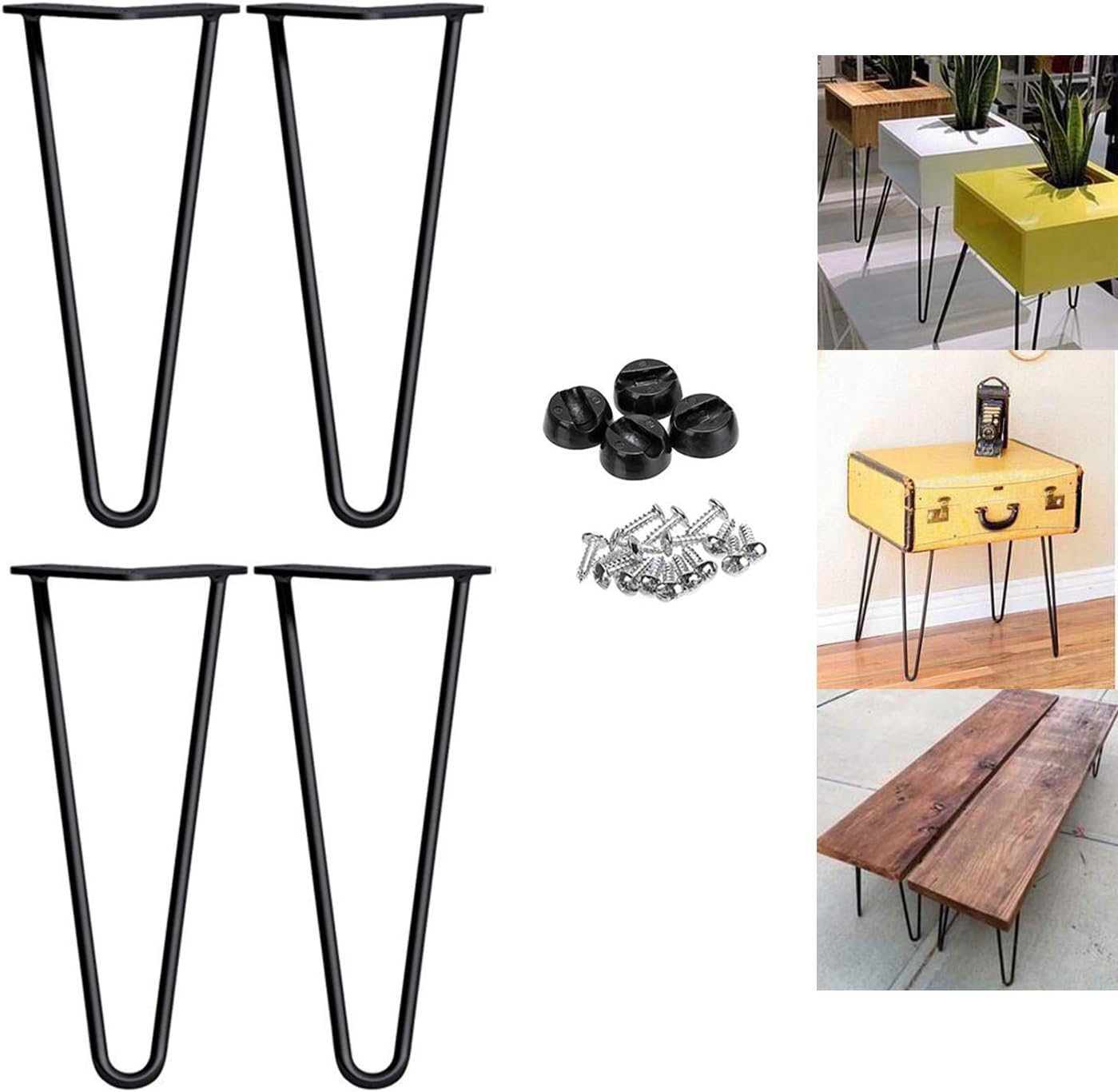 12 inch Metal Table Legs 30cm Hairpin Table Leg Black 10mm 2 Rod Mid Century Modern Furniture Industrial Style for Coffee Table Desks Bench Cabinet DIY Furniture w/Protector Feet & Screws (Set of 4)