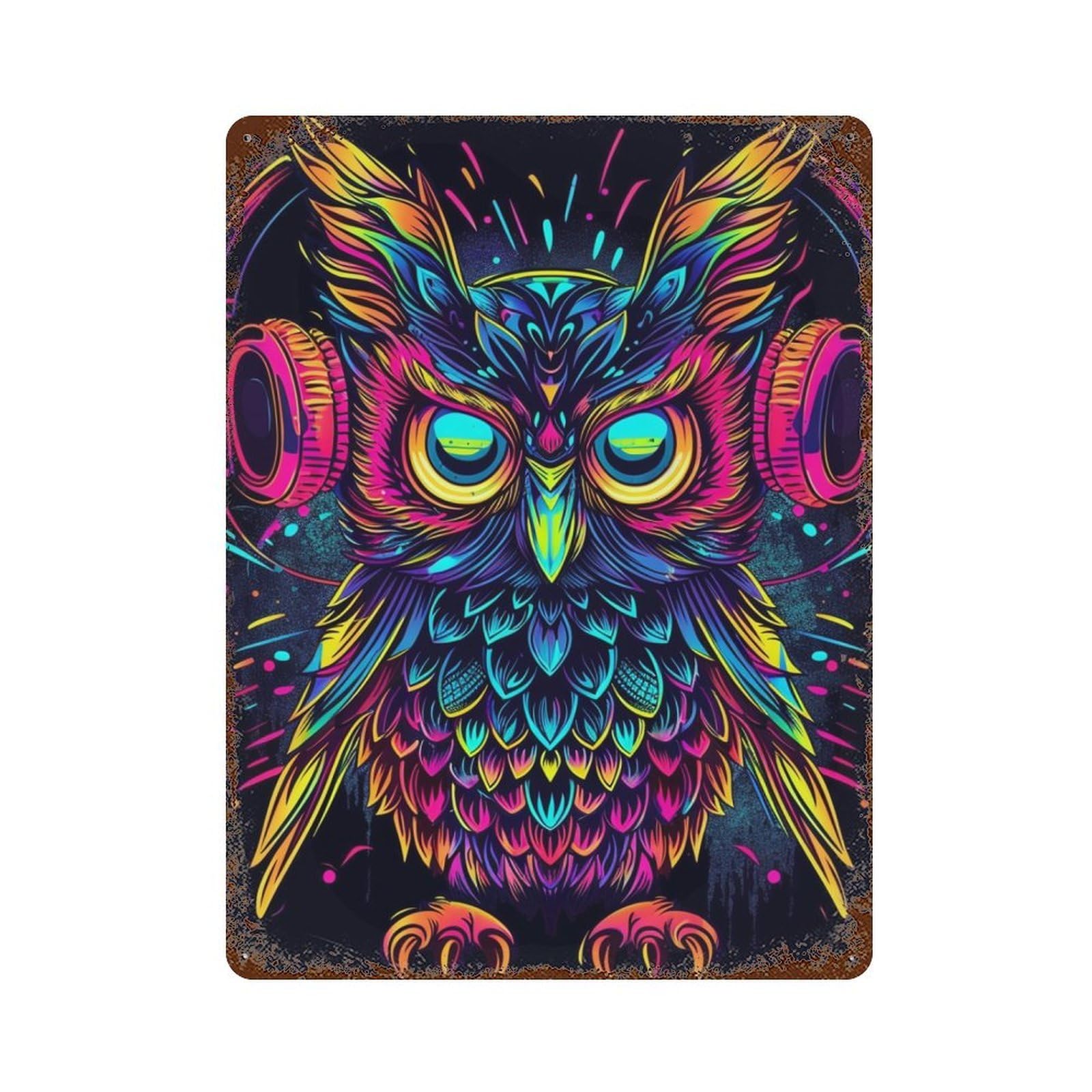 Colorful Neon Owl Art Print-3 Rust Effect Tin Sign 15.7"x11.8", Industrial Home Decor for Garage, Pub Or Kitchen