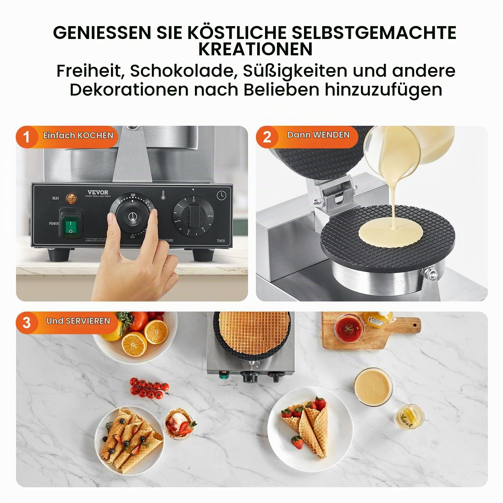 VEVOR elektrische Eistütenmaschine kommerzielle Waffeltütenmaschine 1230 W, antihaftbeschichtete Frühlingsrollenform, mit Temperatur- und Zeitregelung, Griff, für Restaurant Bäckerei Snackbar Familie