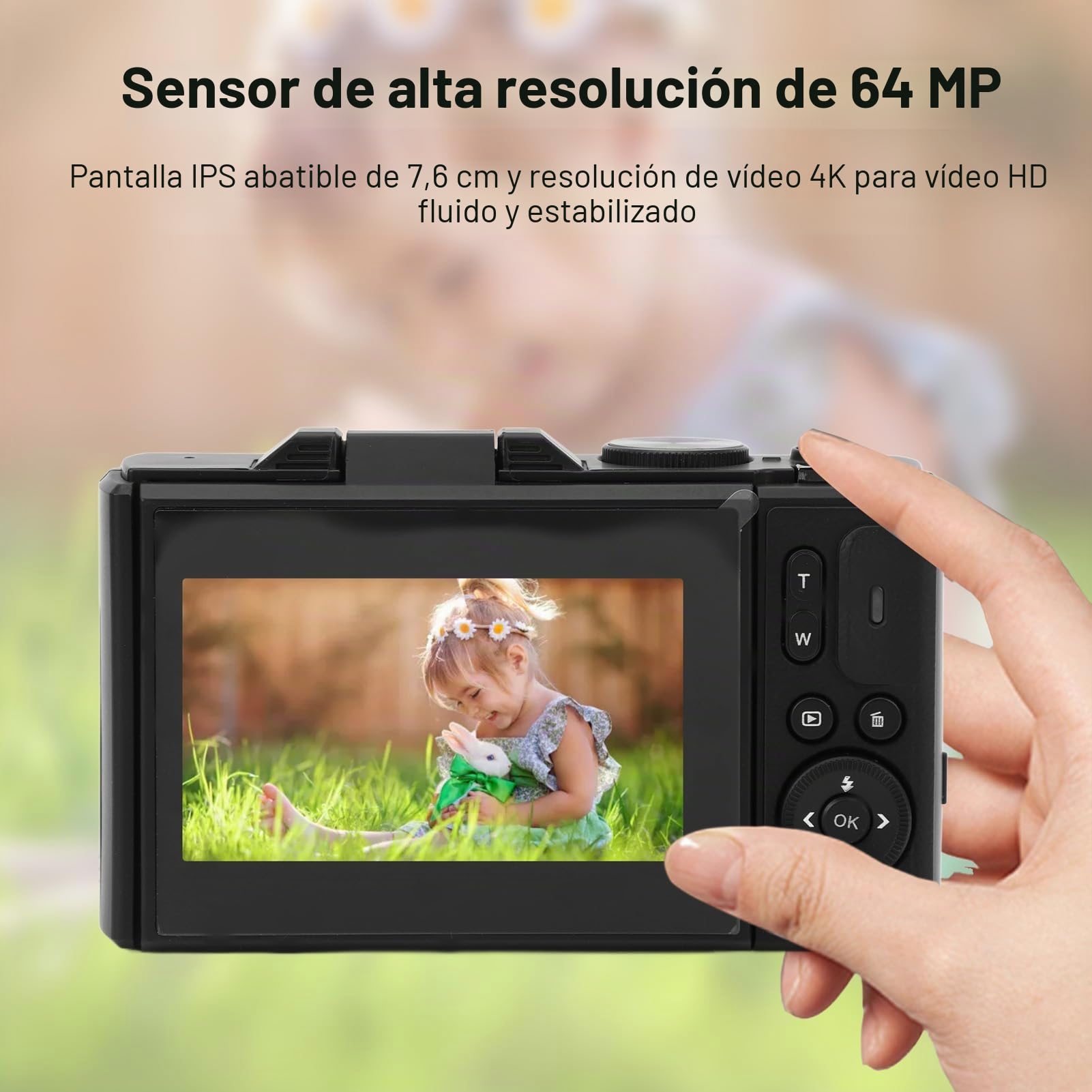 Cámara Digital 4K de 64MP con Zoom 18X, Pantalla IPS, Balance de Blancos, Estabilización, Detección de Rostros para Fotografía, Vlogging (Black)
