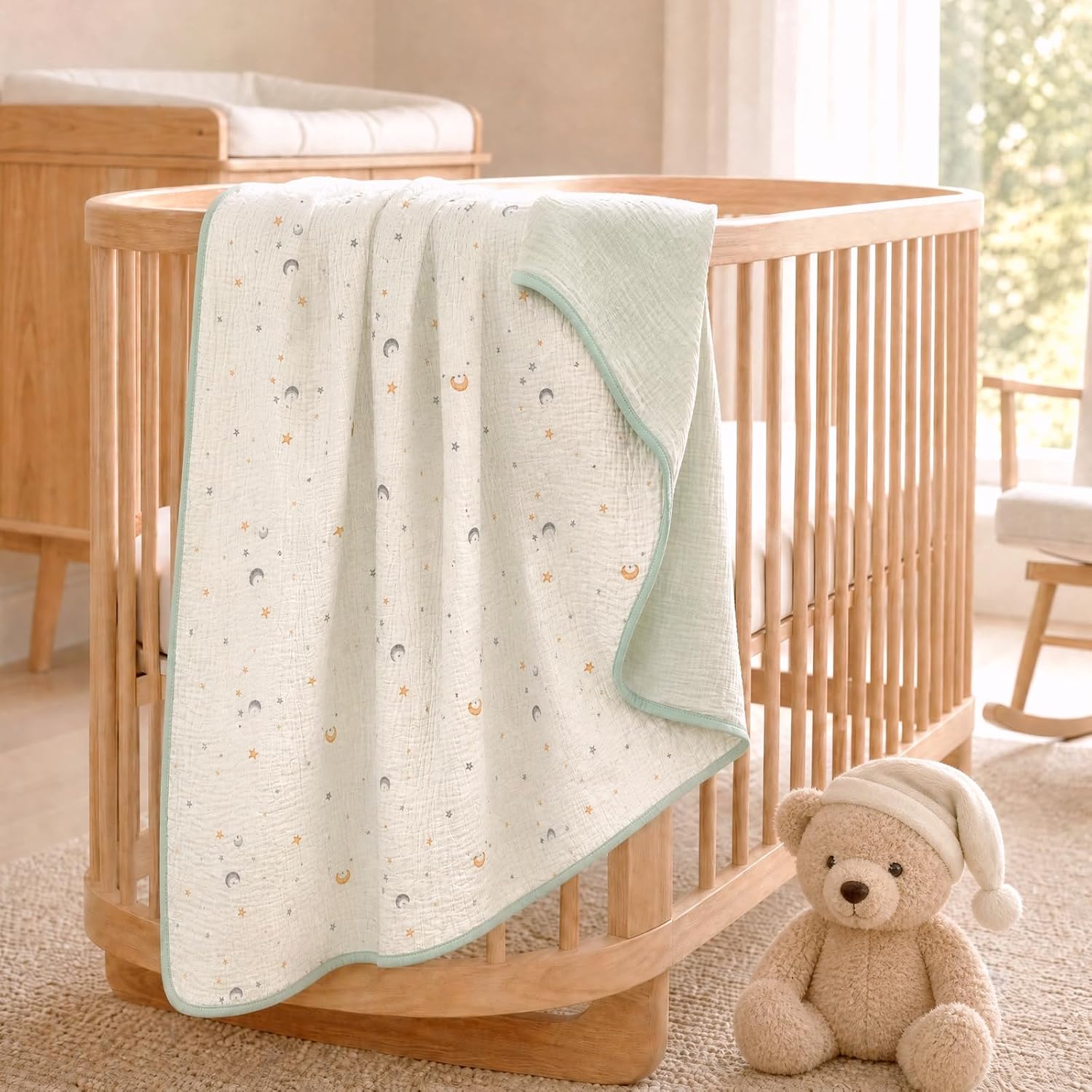 4-Layer Muslin Swaddle Blanket, 100% Cotton Reversible Baby Blanket, Ultra Soft Star & Moon Print, Thick Breathable Gauze Receiving Blanket, 40x40 in for Crib Stroller Nursery