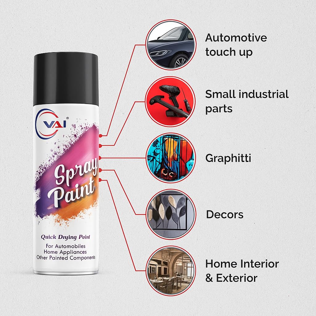 VAI Spray Paint Glossy Black - 400ml (Pack of 1) | DIY Spray Paint for Metal, Wood, Plastic, Wall | Quick Drying, High Coverage, Multipurpose 2
