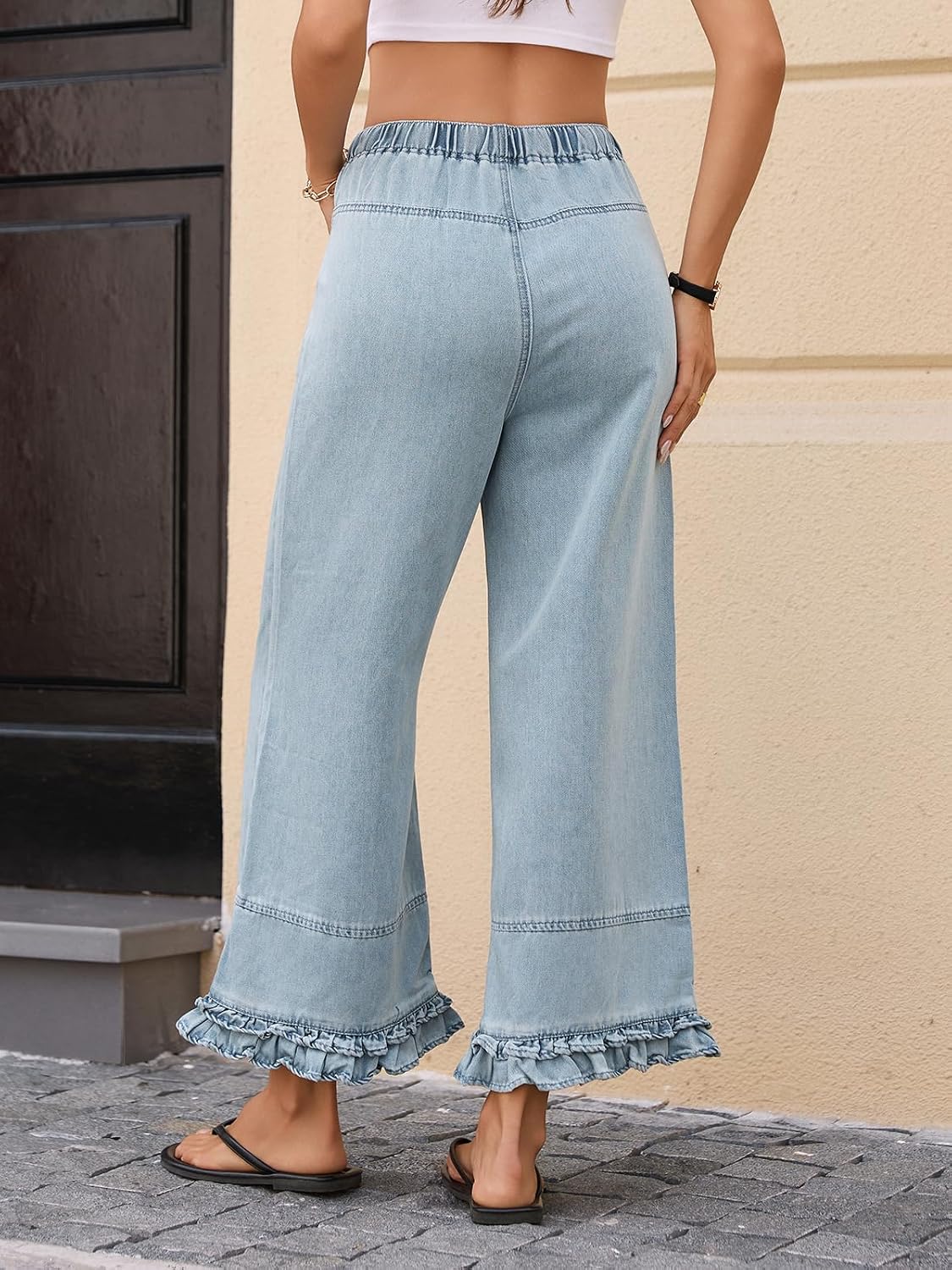 Kedera Women's Ruffle Wide Leg Jeans Pants Cropped Elastic High Waisted Baggy Denim Pants with Pockets