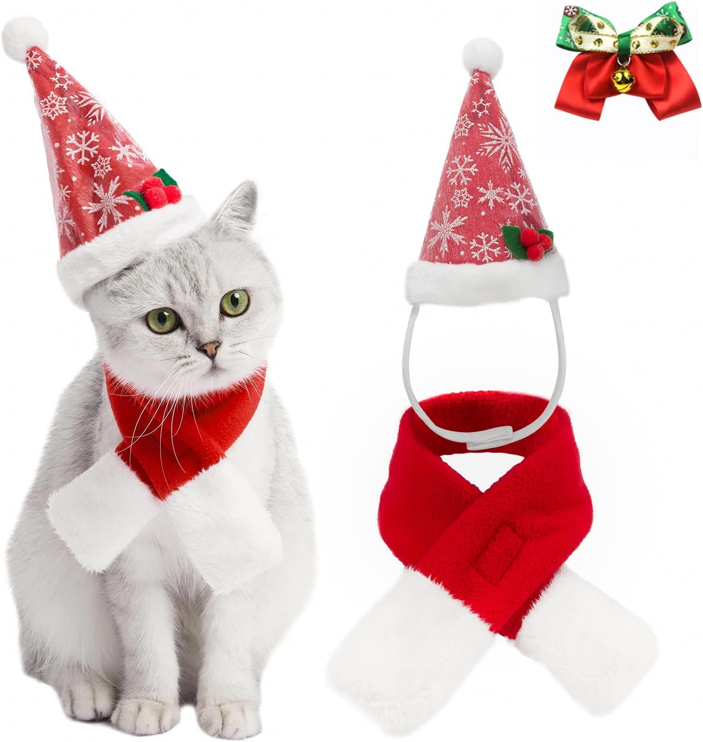 VALUCKEE Christmas Cat Costumes Santa Hats and Scarf, Adjustable Xmas Outfit Clothes with Bow Tie for Pet Small Dog, Winter Warm Snowflake Hat for Cat, Kitty Puppy Xmas Gift Present
