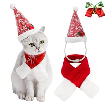 VALUCKEE Christmas Cat Costumes, Bling Snowflakes Santa Hats Scarf and Collar with Jingle Bells for Cats, Adjustable Xmas Outfit Clothes with Bow Tie for Pets Small Dog, Kitty Puppy Xmas Gift Present