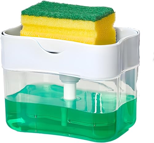 HEFA Dispensador de jabón para platos y soporte de esponja para fregadero de cocina, dispensador de jabón para lavar platos, esponja para platos