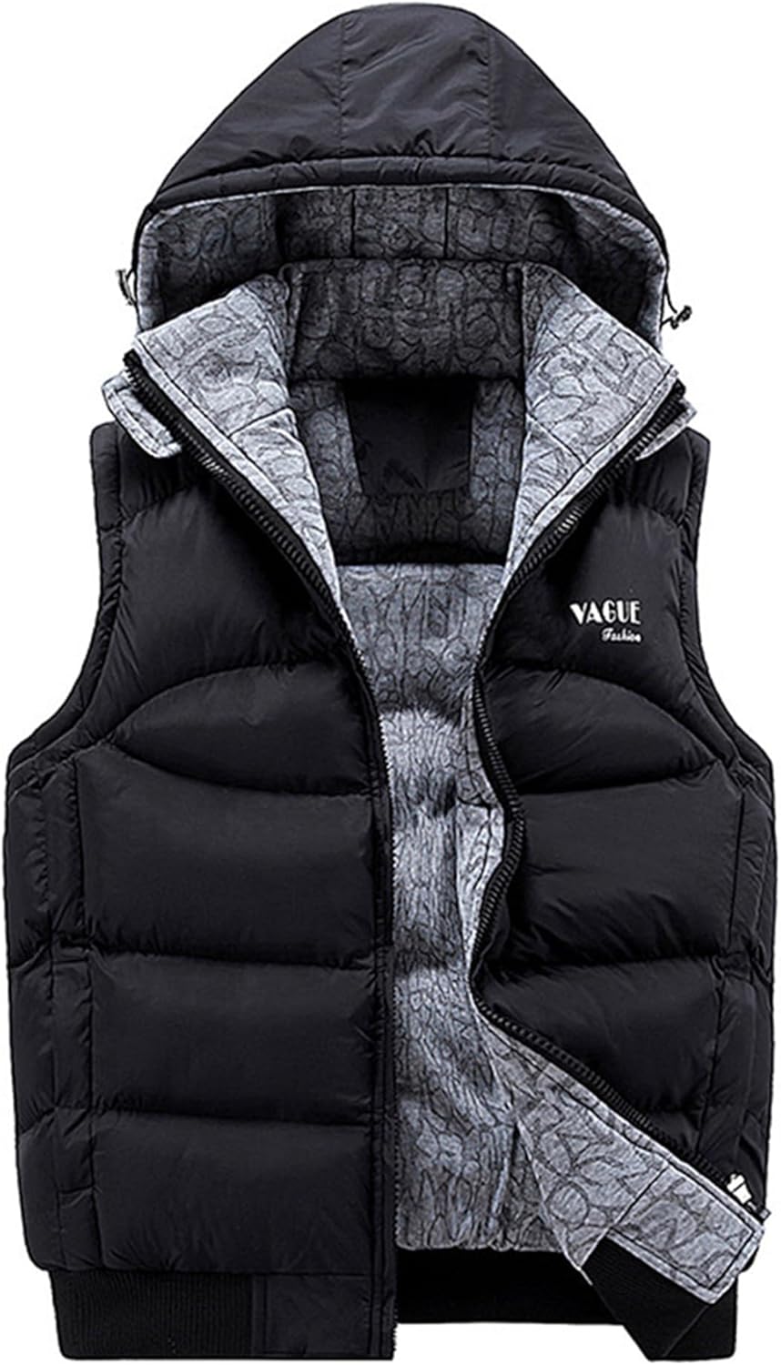 Men’s Winter Hooded Vest Removable Hood Couples Vest Quilted Padded Sleeveless Jacket Warm Color Block Outerwear