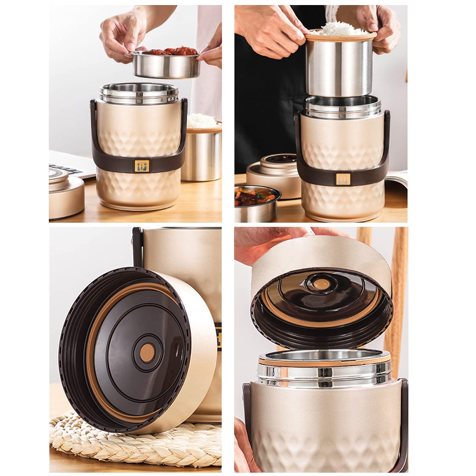 Fiambrera Bento Hermetica,Fiambrera Térmica Apilable de Acero Inoxidable,Frasco Aislante térmico para Alimentos a Prueba de Fugas con 2 Compartimento,Mantiene la Comida Caliente/fría,2L