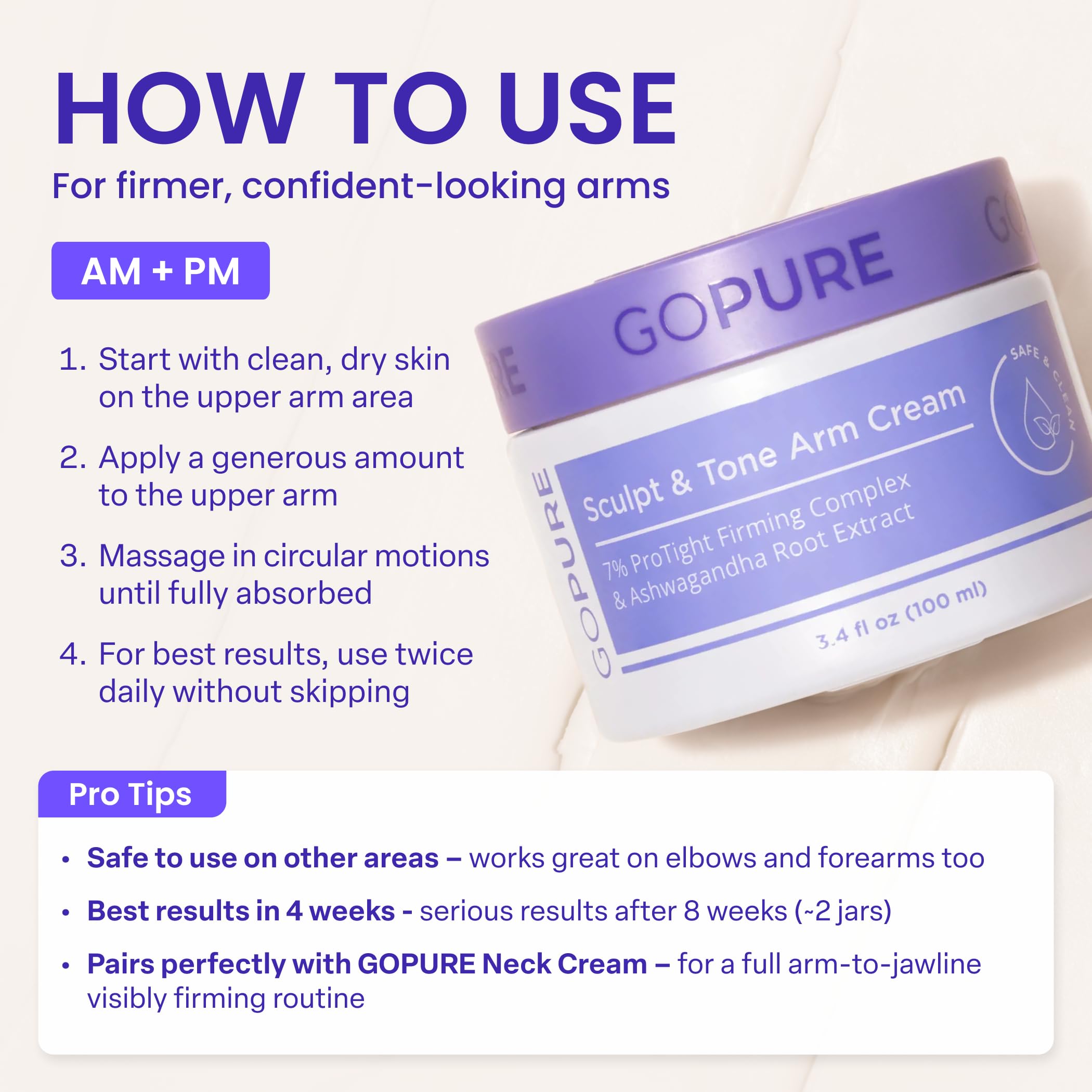 goPure Crema de brazos Sculpt & Tone – Crema reafirmante y tonificante para los brazos, suaviza el aspecto de las arrugas, hidrata profundamente, reafirma la apariencia de la textura de grietas en las