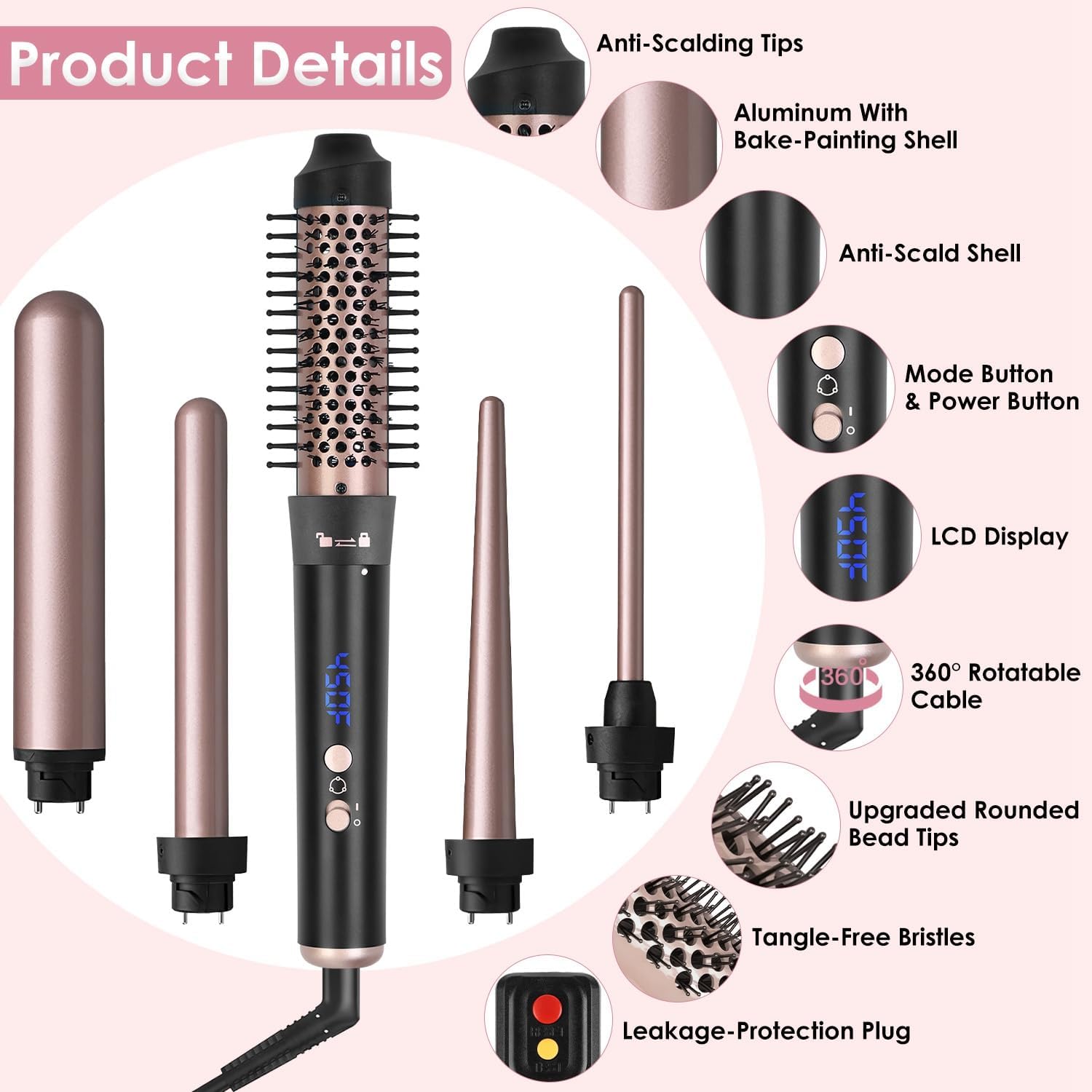 TeqHome 5 in 1 Curling Wand Set, Curling Iron with 5 Interchangeable Barrels, 4 Temps Fast Heating Hair Curler with Glove, 2 Clips, ALCI Plug & 360°Rotatable Cable, 1H Auto Off (W Leakage Protect)
