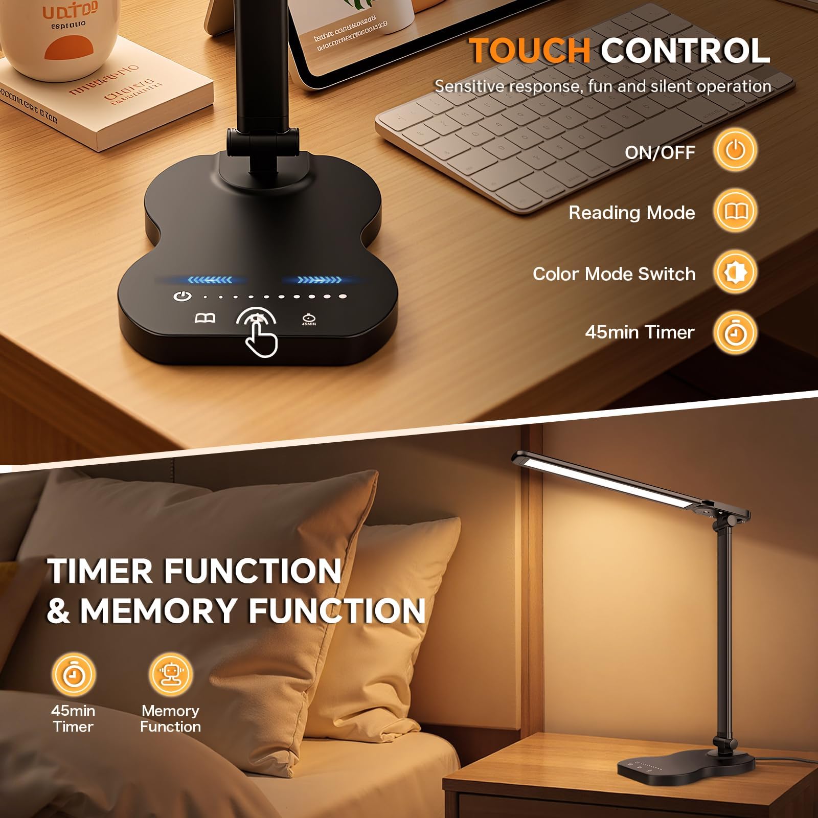 Caldarax Lámpara Escritorio LED Regulable, Flexo de Escritorio 5 Modos y 10 Niveles de Brillo, Puerto USB/Control Táctil/Temporizador 45min/Cuidado Ocular/Función Memoria, Lampara LED(Negro)