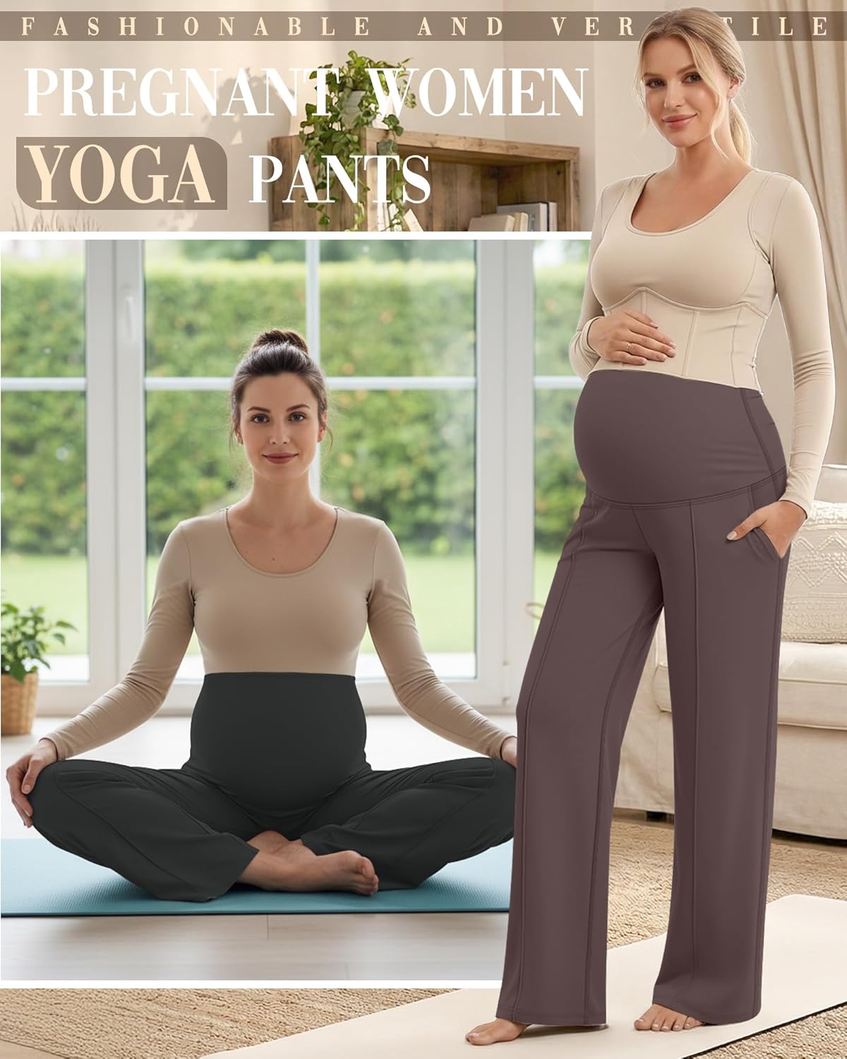 3 Pack Maternity Yoga Dress Pants Over The Belly Pregnancy Pant Stretchy Wide Leg Lounge Trousers with Pocket - Image 2