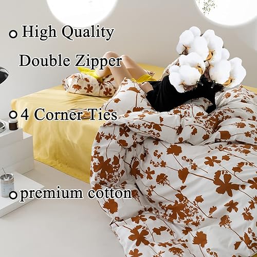 Miniatura 7 de FADFAY Juego de funda de edredón de algodón naranja quemado, tamaño Queen, juego de funda de edredón floral blanco terracota con cremallera, ropa de