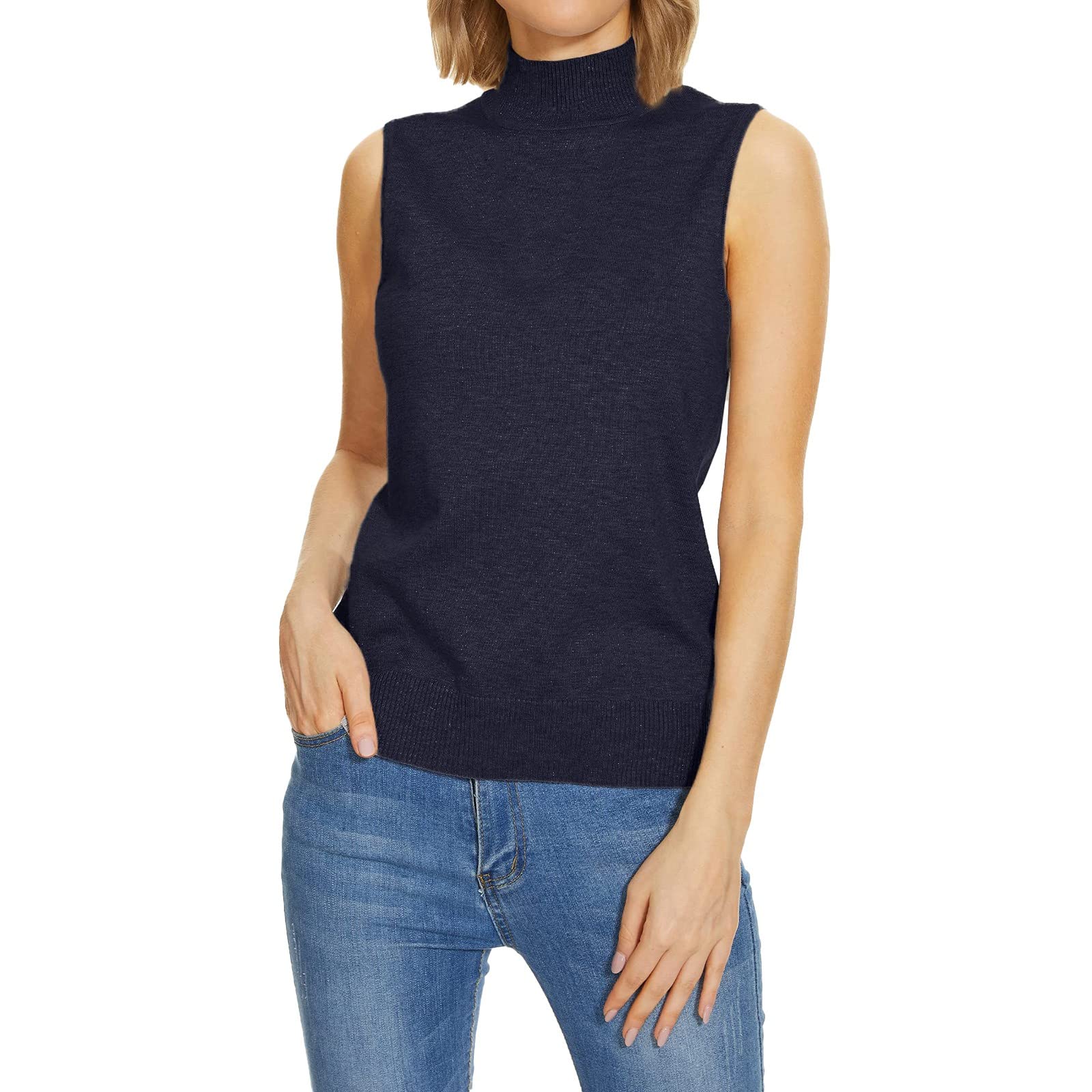 Womens Lightweight Knit Sleeveless Turtleneck - Stretchy Mock Neck Sweater Vest Dressy Casual Tank for Business Work