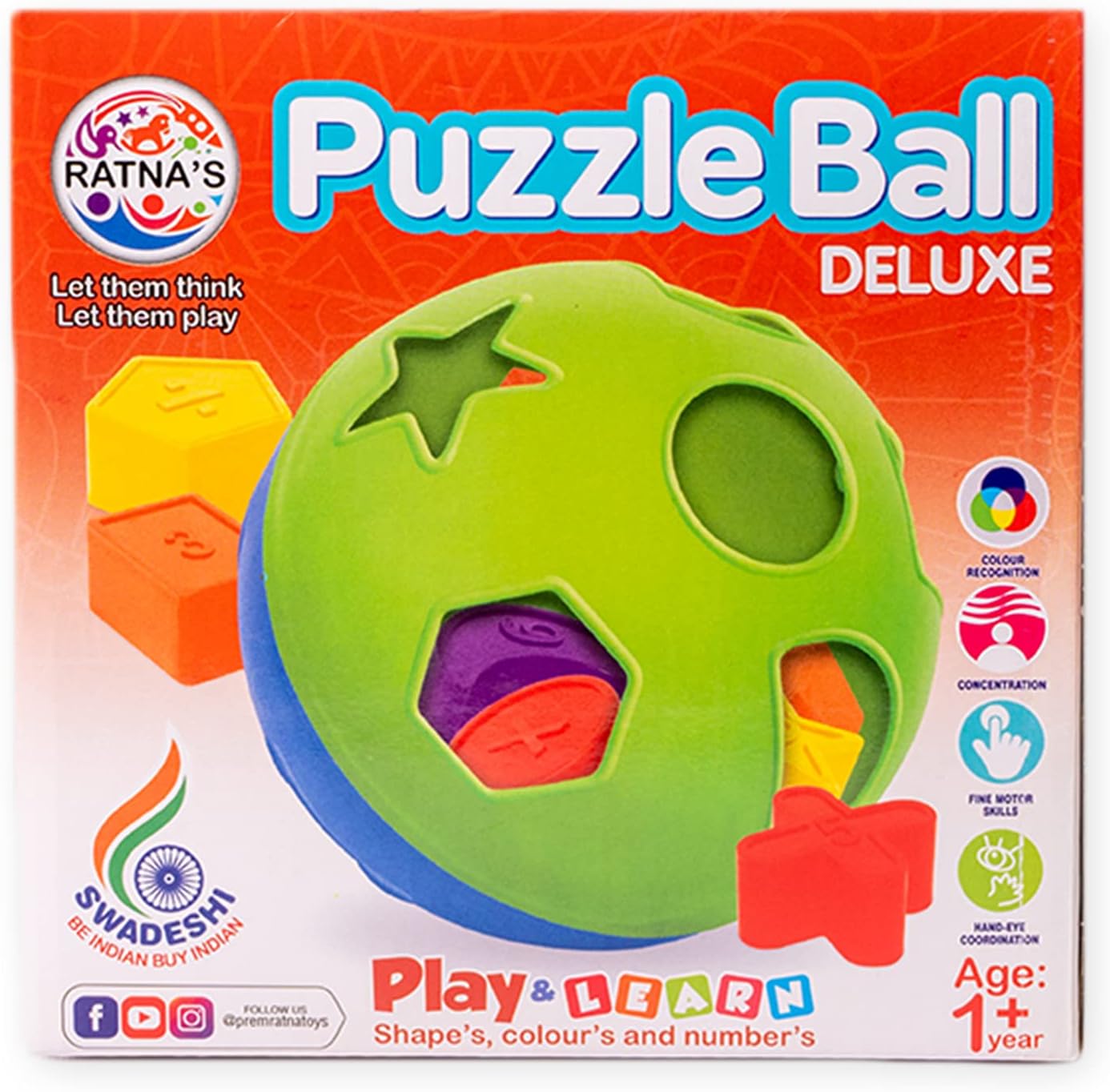 Ratna's Educational Puzzle Ball for Kids 2 in 1. Let Them Learn time with Shapes,Multicolor