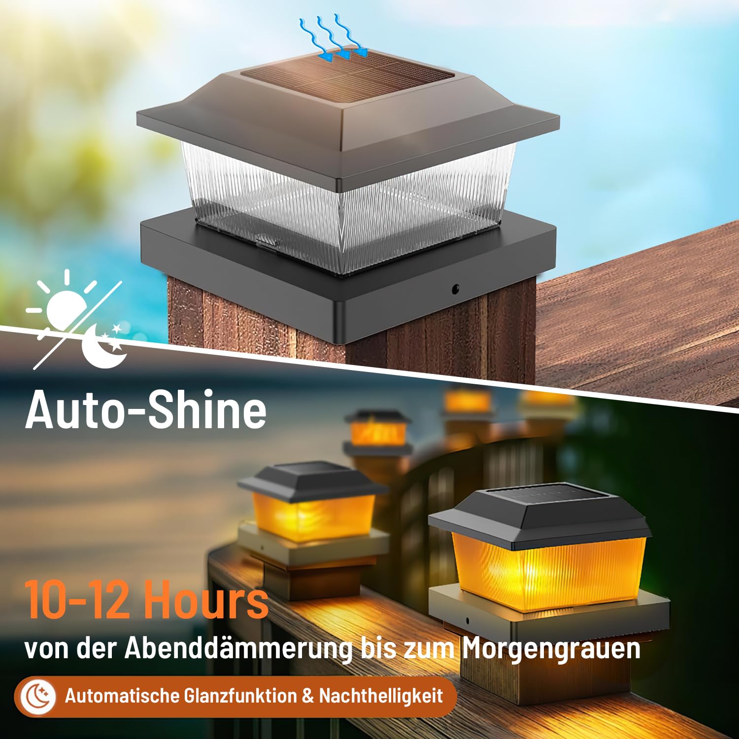 Gresonic Solar Pfostenkappe 10x10 Flackernde Flamme Warmweiß IP65 Wasserdicht 8 Stück