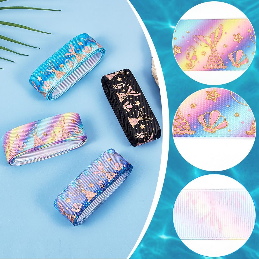 GORGECRAFT 4 Colors 8 Yards Grosgrain Glitter Printed Ribbon Mermaid Tail Folding Headband Polka Dot Sea Animals Stamping Resilience Band Waistband Roll Shiny Hair Ties for Sewing
