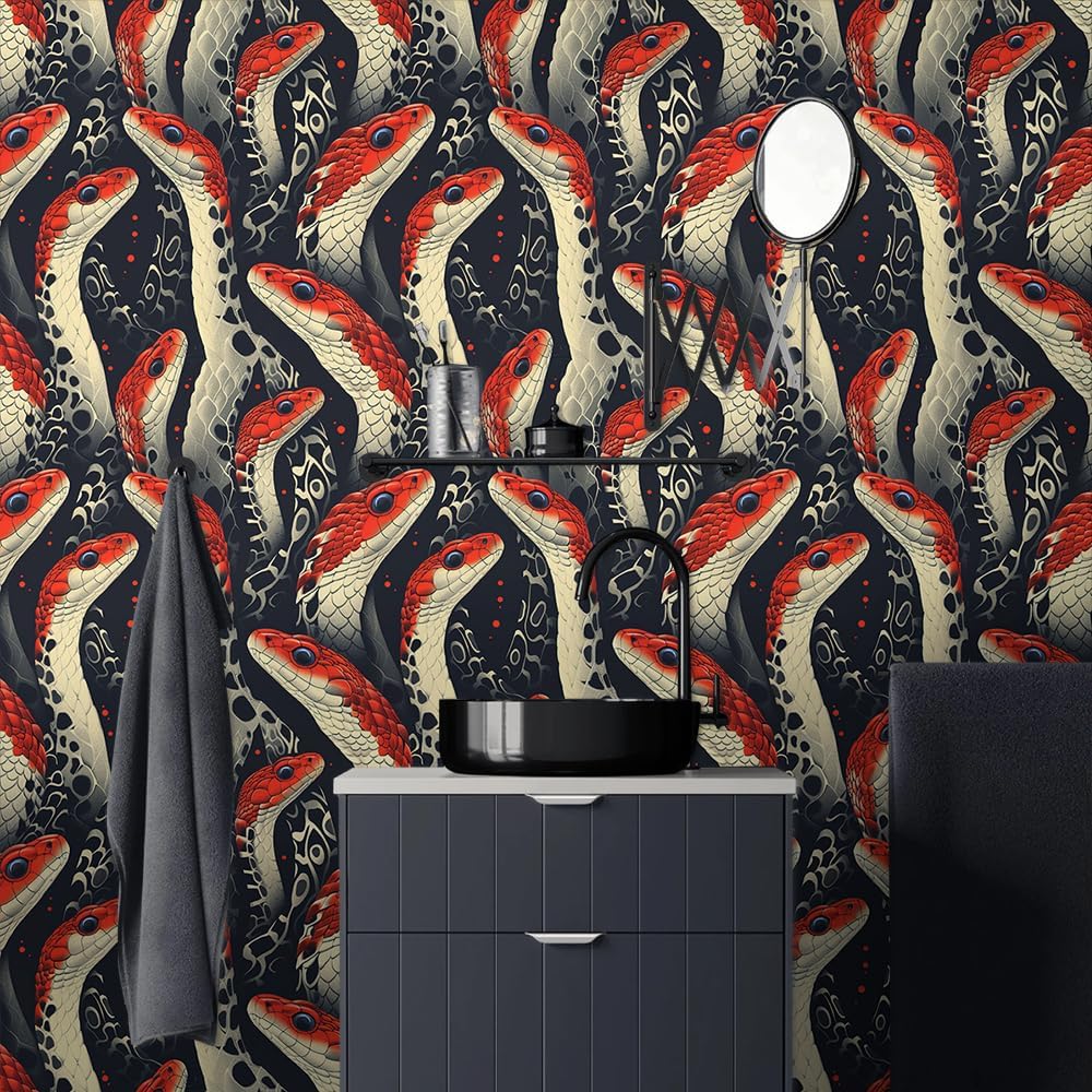 18"x236" Gothic Black Red Snake Peel and Stick Wallpaper Easy Peel Off Contact Paper Vintage Vinyl Self Adhesive Removable Stick on Wall Paper for Kitchen Cabinet Renter Friendly