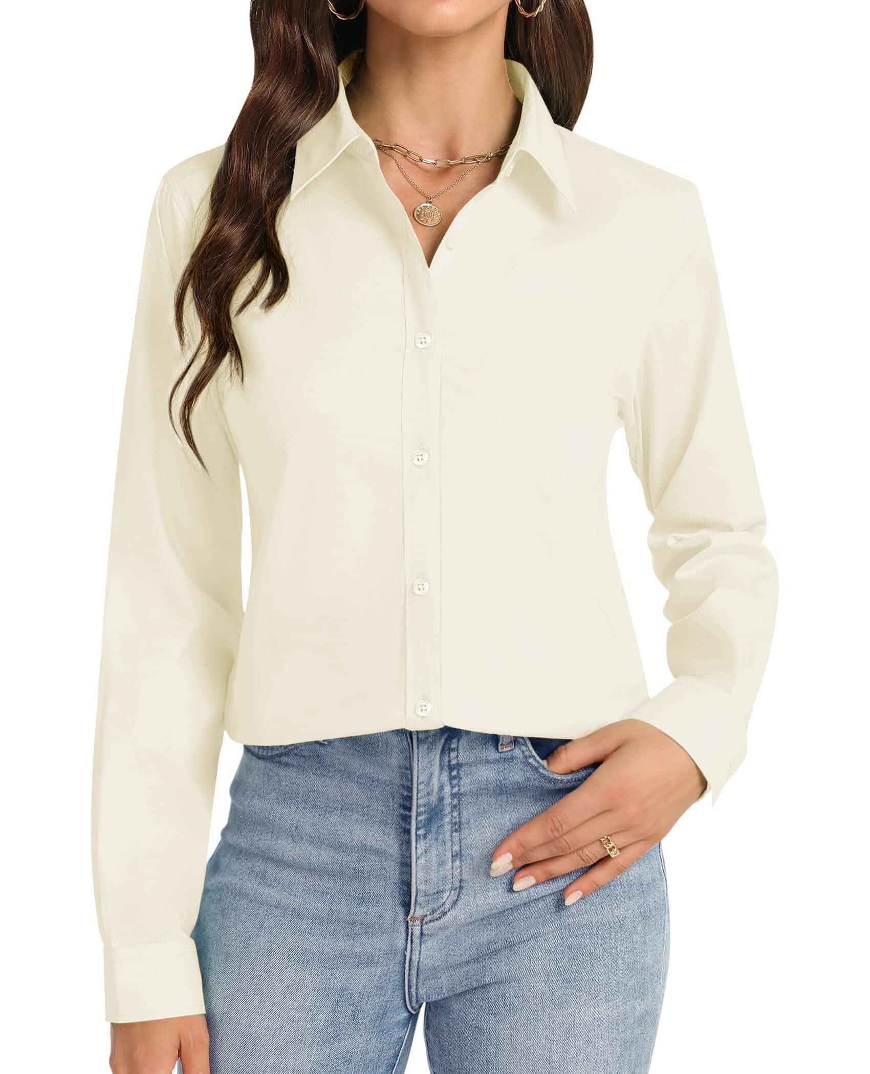 J.VER Button Down Shirts for Women Stretch Collared Long Sleeve Dress Shirt Business Casual, for Work Office, Meetings, Dinner, Dates, Travel, Leisure, Elegant, Workout, Social Gathering, Commute