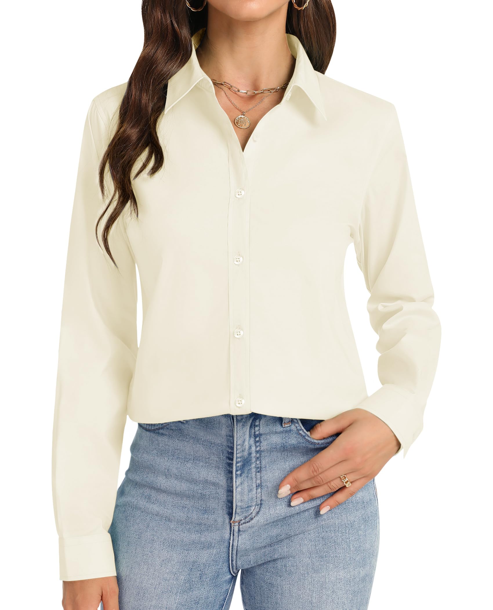 J.VER Button Down Shirts for Women Stretch Collared Cotton Long Sleeve Dress Shirt Business Casual Blouse for Work, Beige, M