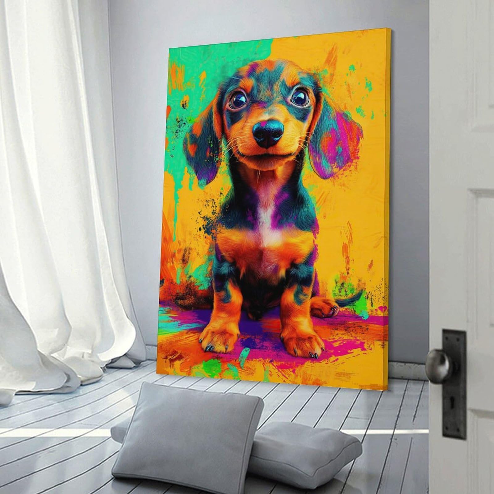 Junmoney Colorful Dachshund Puppy Canvas Art Print, 24x36inch(60x90cm), for Wall Displays, Bedrooms Or Room Updates, Home Wall Art for Statement Displays