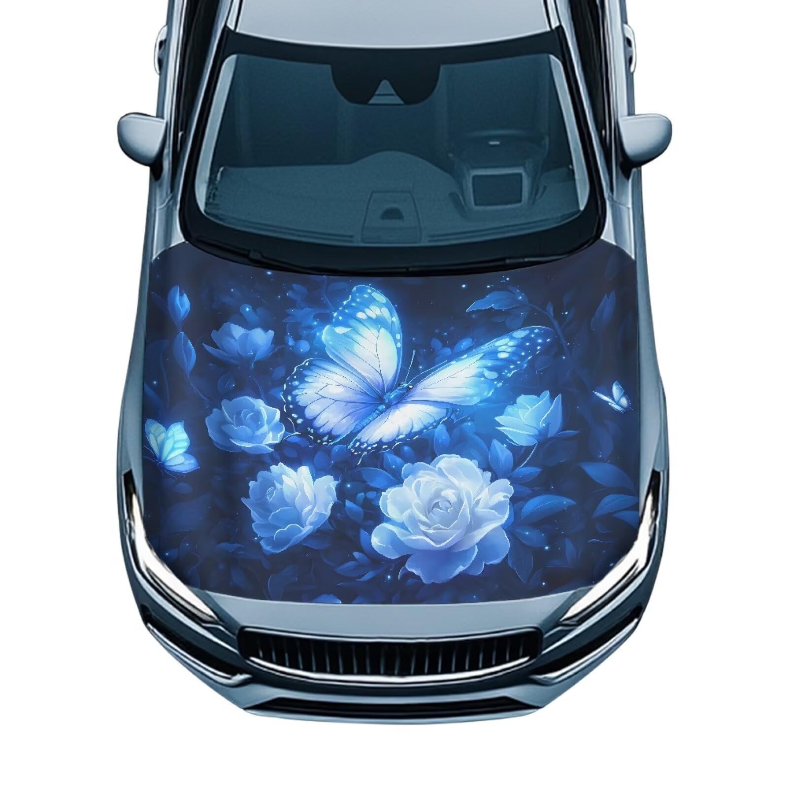 Butterfly White Flower Car Hood Cover Polyester Elastic Fabrics Can be Washed Suitable for Auto Car Truck, Van, SUV, Pickup