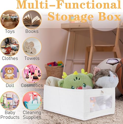 Miniatura 4 de Paquete de 6 organizadores plegables de lino para armario, contenedores de almacenamiento transparentes para ropa, toallas, libros, estantes, beige