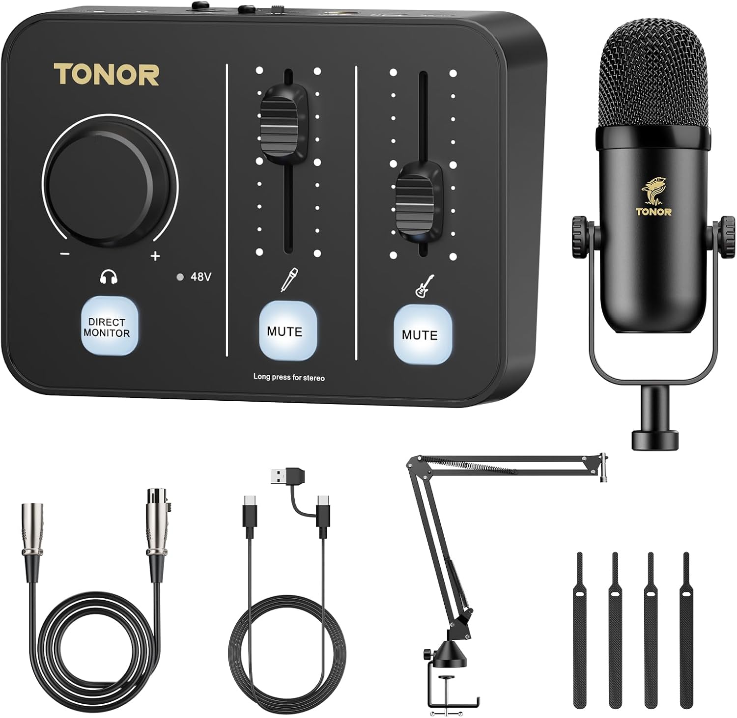 TONOR Podcast Equipment Bundle, Audio Mixer with Dynamic Microphone and Boom Arm Set, XLR Mic with Studio Audio Interface, Desk Mic Arm, All-in-One Pack for Recording, Podcasting, Streaming, POD-1