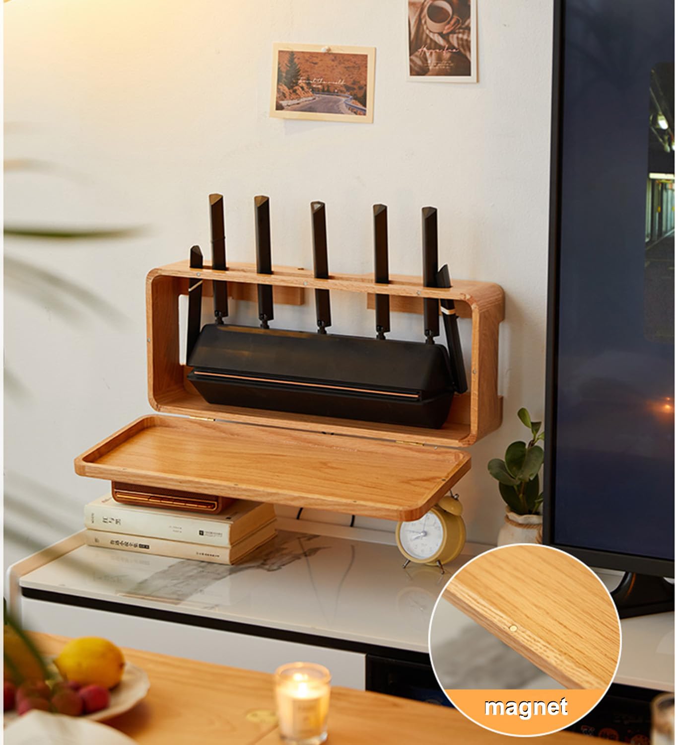 LUPATDY Massief houten routerkast, wandgemonteerde WiFi Router Storage Box Router Verbergen, Router Opbergdoos Kabelbox, TV Set Top Box Organisator Hout WiFi Decoratieve Router Plank (gelukskat
