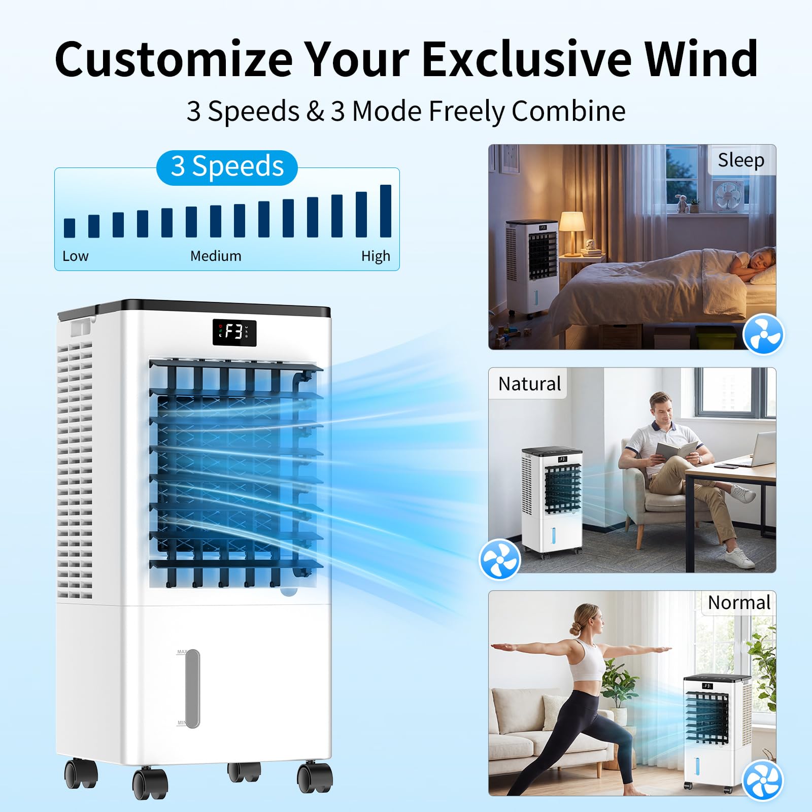 Climatiseur Mobile, 3 Modes & 3 Vitesse, Minuteur 12H, 4 Boîtes des Glacières, Grand Réservoir d'Eau, Fonction d'Oscillation, 60W Refroidisseur d'Air Évaporation avec Écran pour Chambre Bureau