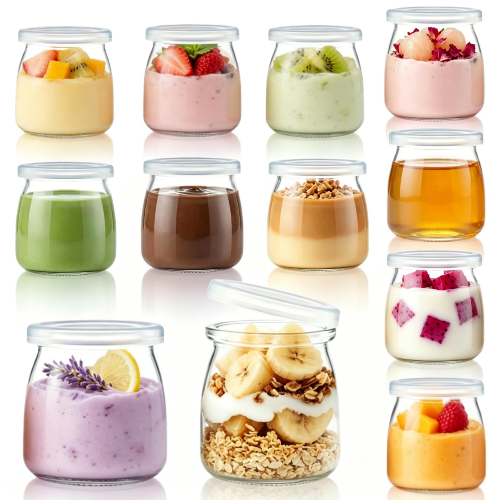Siocok Transparent 12Pcs 200Ml Pudding Glass Bottle,Yogurt Glass Jars With Plastic Lids, Small Glass Bottles, For Yogurt Making,Milk,Jams,Jelly,Pudding,Mousse