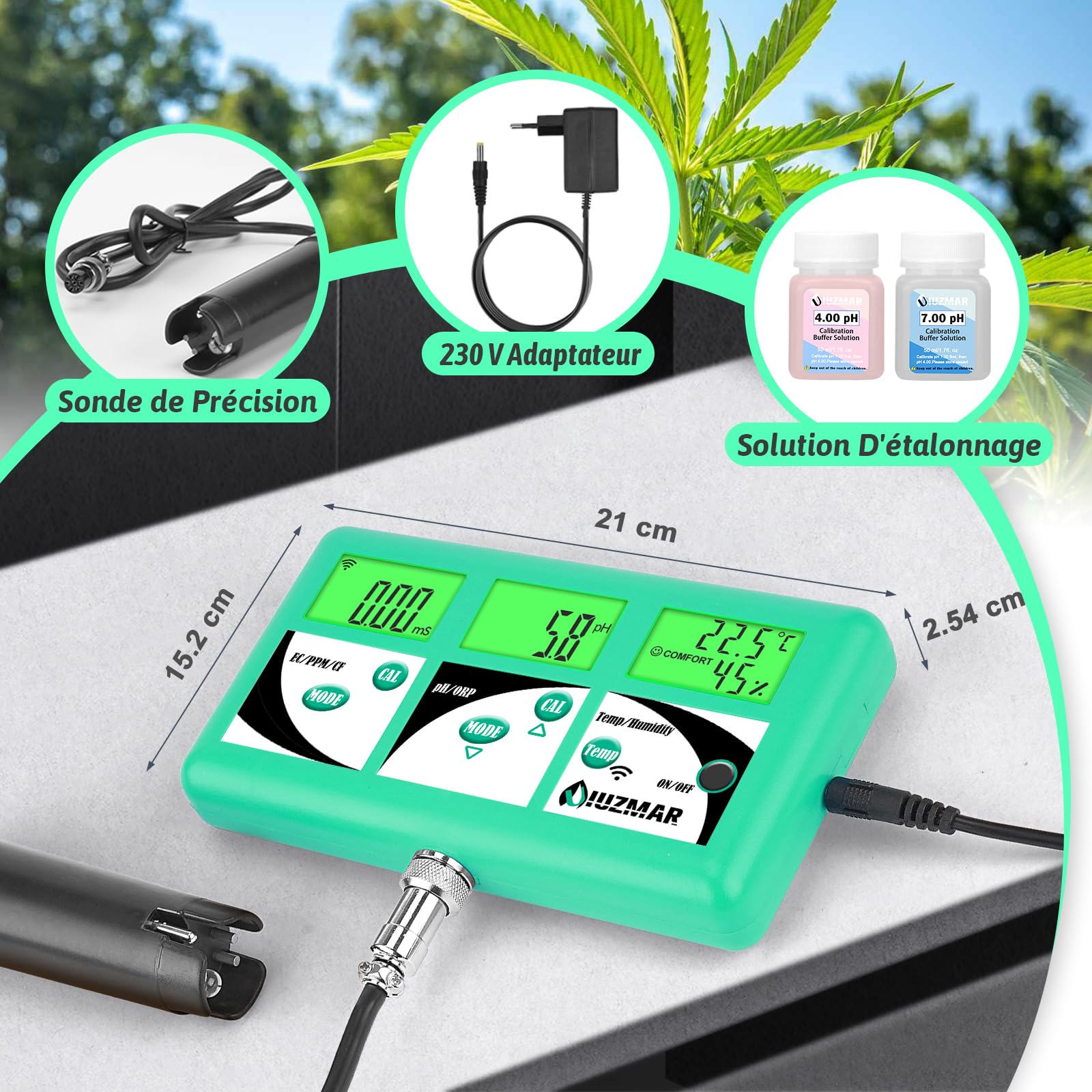 UIUZMAR pH EC TDS Moniteur pour Hydroponie 7 en 1 | pH EC PPM CF Température Testeur D'humidité De L'air Pour L'aéroponie Contrôler La Conductivité pH De La Solution Nutritive