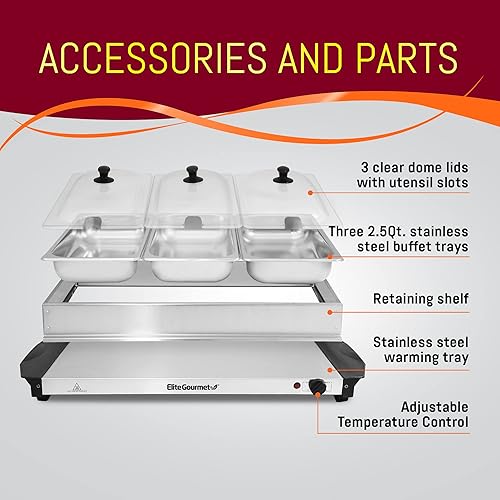 Miniatura 2 de Elite Gourmet EWM-6171 - Servidor de buffet con control de temperatura, calentador de alimentos, 3 bandejas triples de 2.5 cuartos de galón, tapas