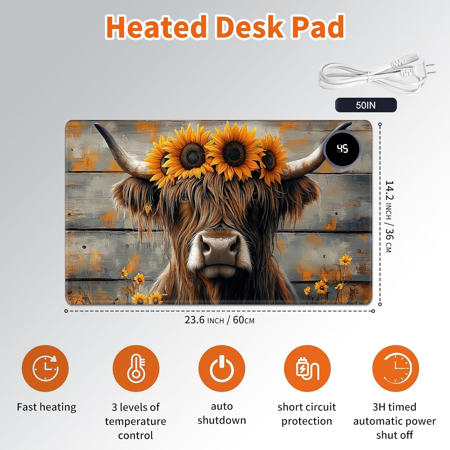 Heated Mouse Pad,Warm Desk Pad with 3 Levels Heating & 3 Hours Auto Shut-Off, PU Leather Heated Desk Pad Warmer Pad for Home Office - 23.6 x 14.2 inch,Highland Cow Wood Grain