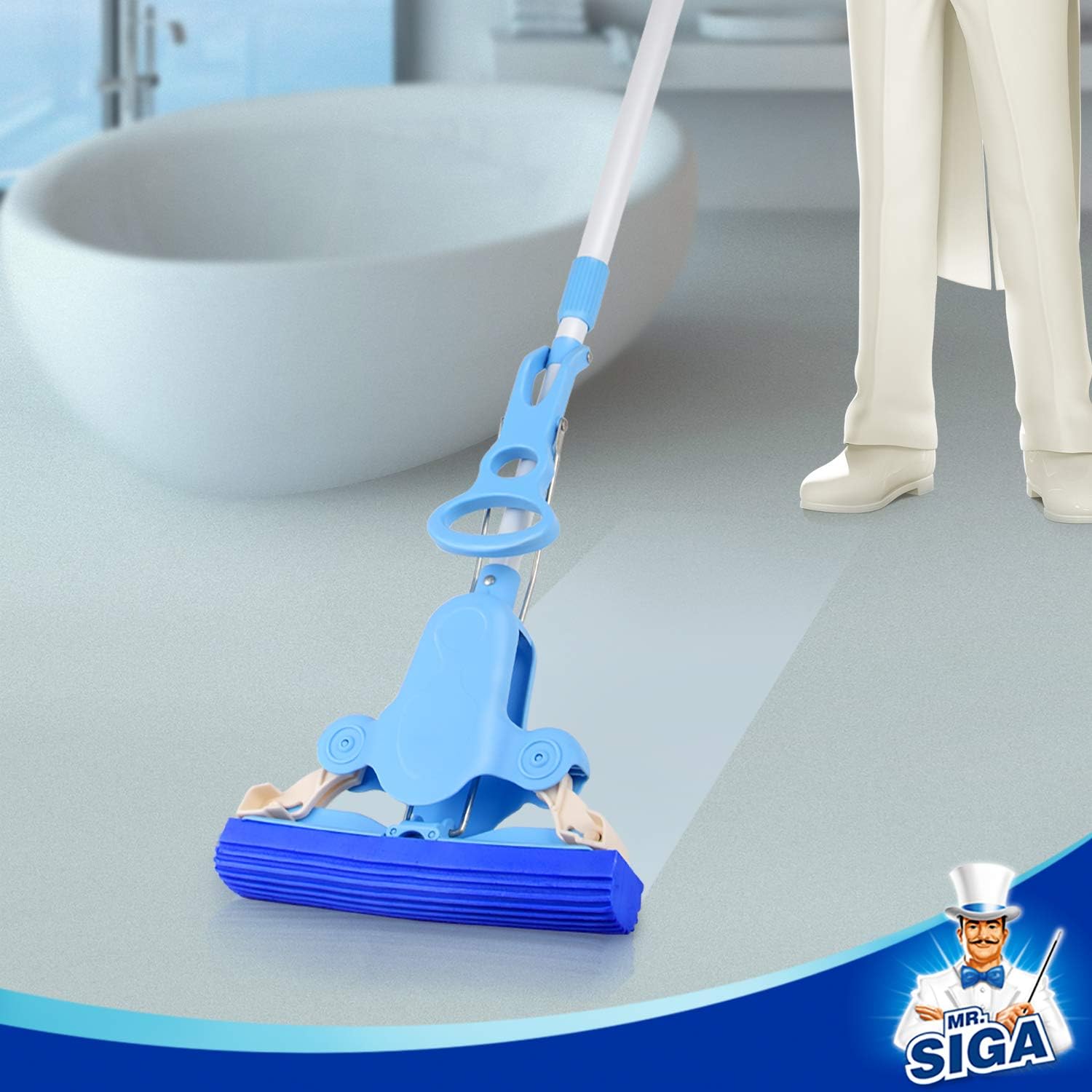 MR.SIGA Sponge Mop with Super Absorbent Sponge Head and Telescopic Handle, Blue