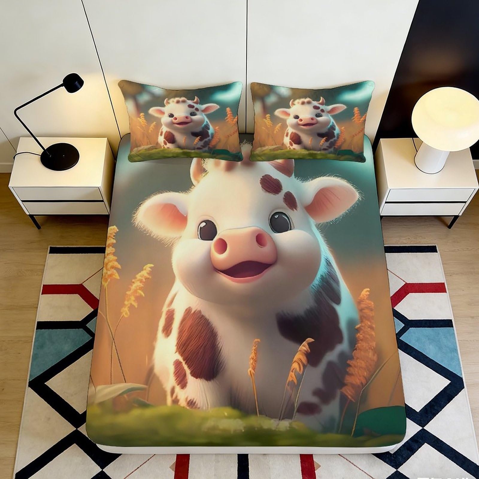 3D Printed Cute Cow Fitted Sheet Microfiber Soft Animal Meadow Bed Sheet for Bedroom Dorm Mattress Cover Decor 90x200x25cm