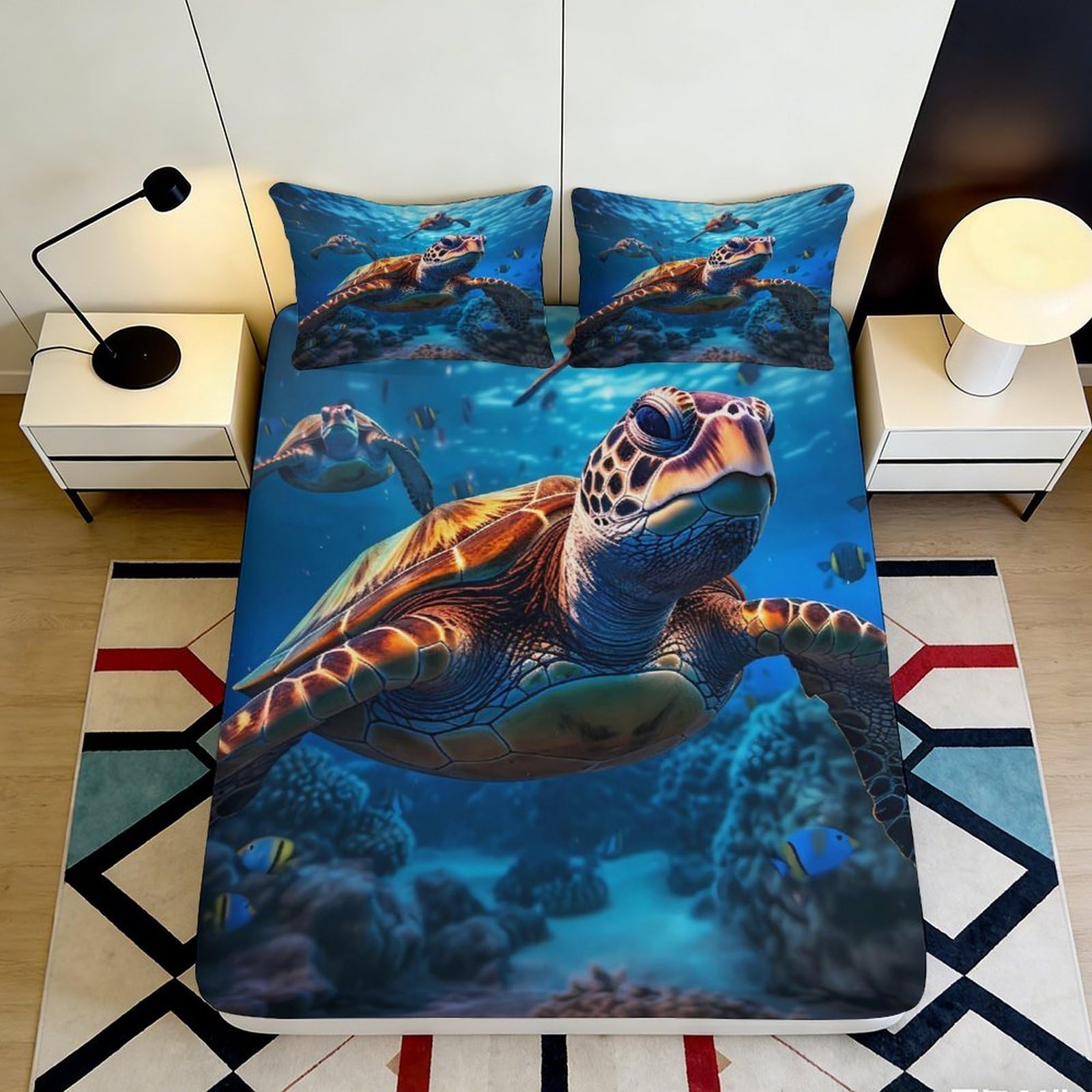 3D Printed Sea Turtle Ocean Fitted Sheet Microfiber Non-Slip Underwater Reef Mattress Cover Bedroom Decor 140x200x25cm