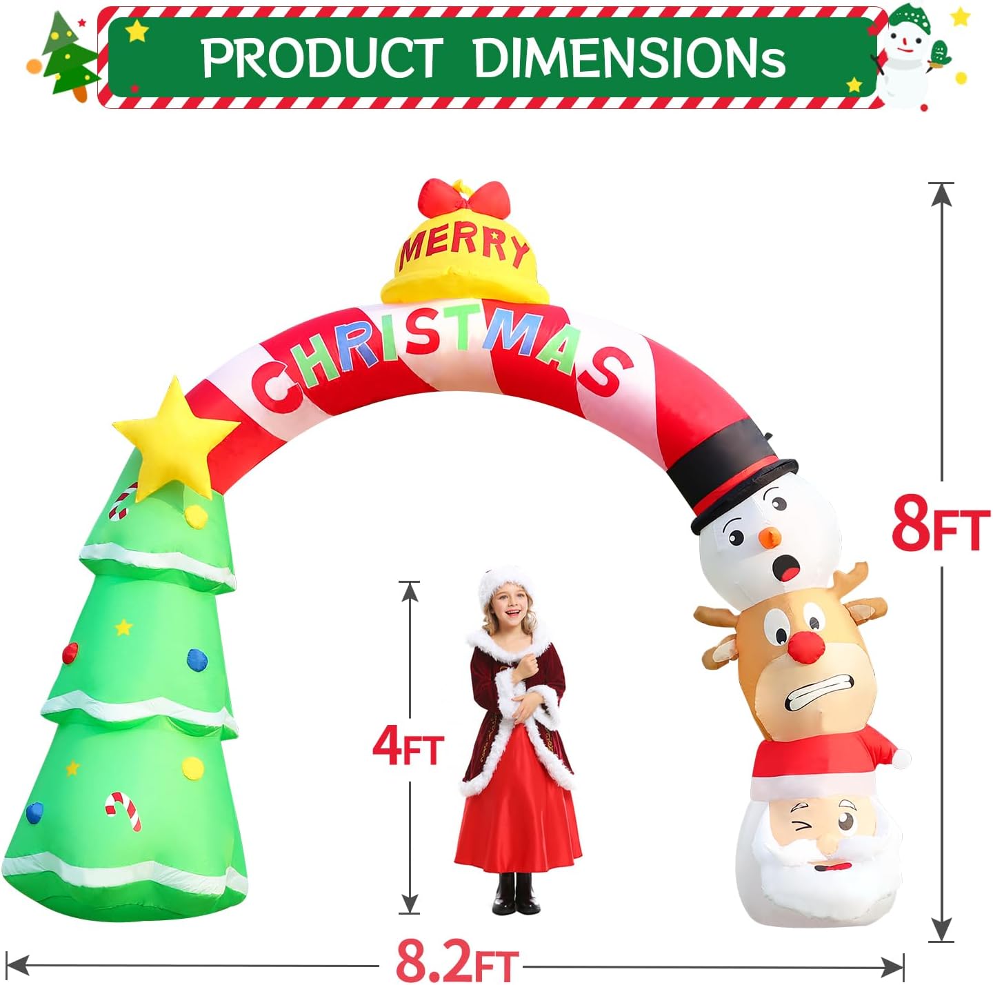 DomKom 8FT Christmas Inflatables Xmas Tree Arch, Blow up Decoration Arch Santa Claus Snowman Reindeer Bell Inflatable Decor, Built-in LEDs for Outdoor Holiday Party, Garden, Lawn, Yard, Patio