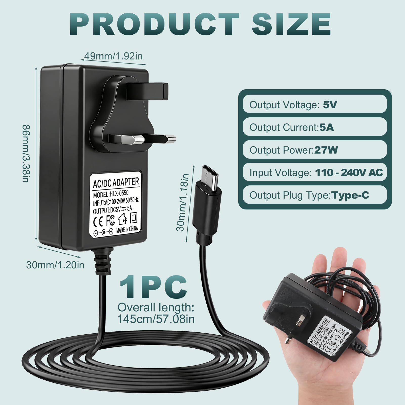USB-C Power Supply UK Plug for Raspberry Pi 5, 27W 5V 5A Type C PD Power Adapter for Raspberry Pi 5 4GB/8GB/16GB and Most Phone,Laptop and Electronic Product — view 6