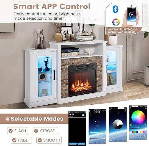 Miniatura 3 de Tangkula Soporte de TV para chimenea eléctrica, chimenea eléctrica con luces LED de 16 colores, estantes de vidrio ajustables, control remoto y