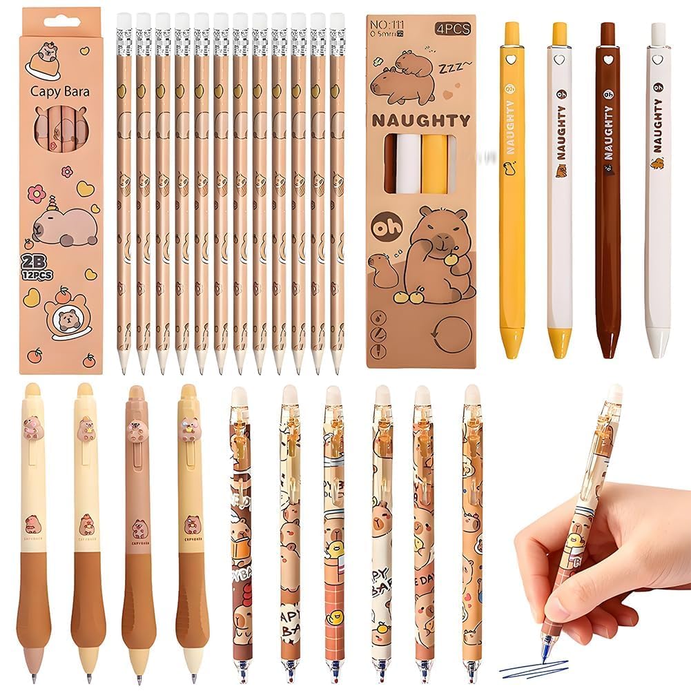CYGMRFH Capybara Themed 2B Pencils & Erasable Gel Pens, Stationery Set, 12 Wood-Cased Pencils with 10 Crystal Blue & 4 Black Click Pens, for Smooth Writing School Exams Office Note-Taking & Daily Use
