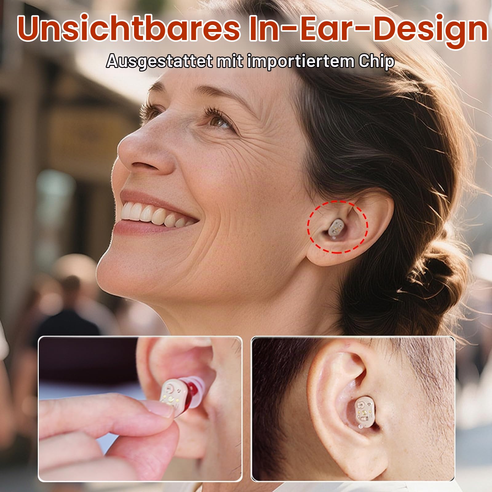 Wiederaufladbares Soundgerät für Senioren & Erwachsene, Unsichtbares Soundgerät mit 7 unterschiedlich großen Silikon-Ohrstöpseln, In-Ear Invisible Design, Sound Excellence, Comfort Fit (Rot & Blau)