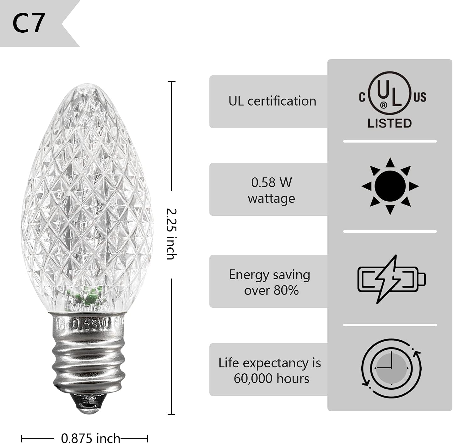 UL Listed Set of 25 C7 Led Replacement Bulbs,2 SMD LEDs in Each C7 Dimmable Lights Bulb for Outdoor Christmas String Lights,Full Waterproof and Break Resistant(Cold White)