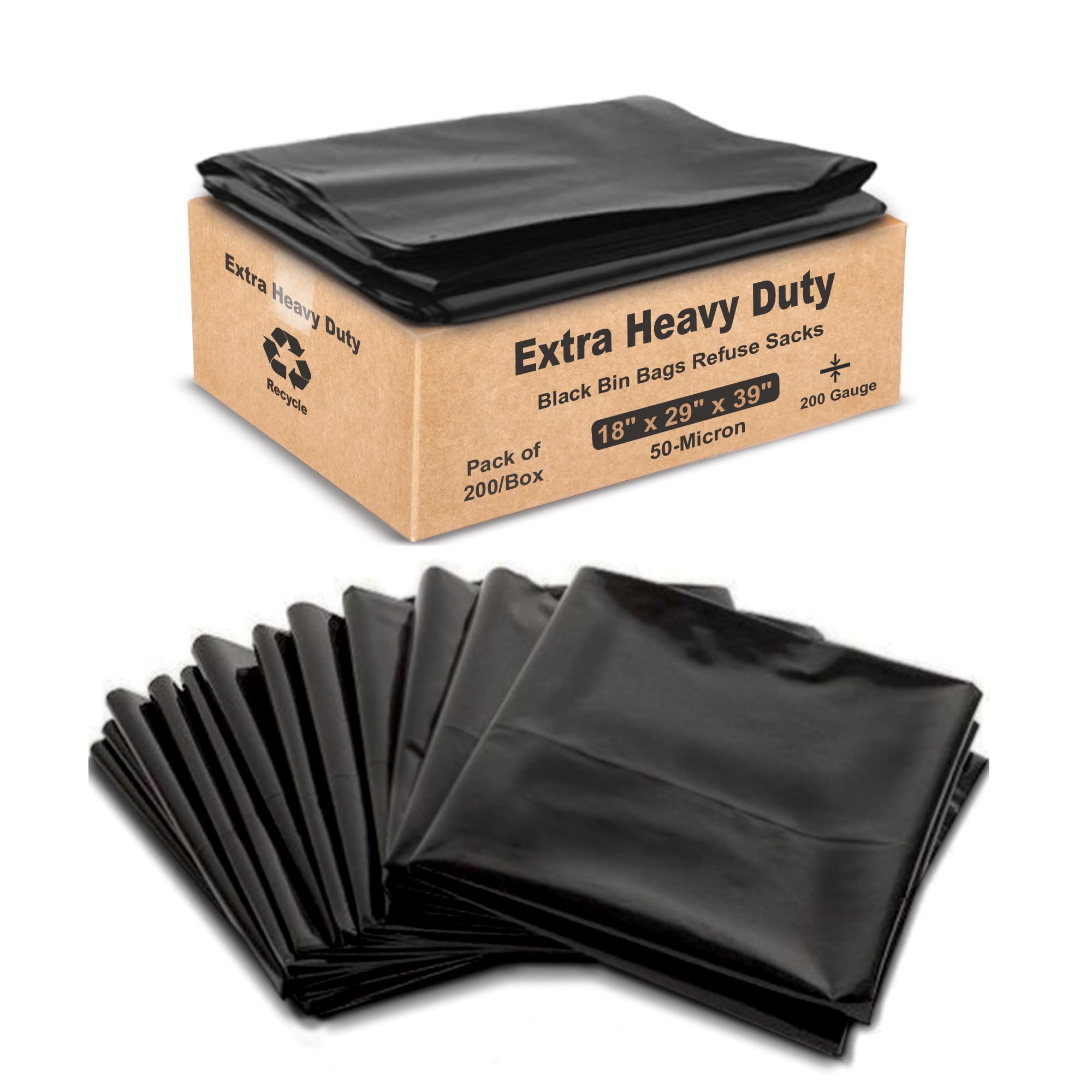 JeeJaan® Bin Bags Heavy Duty Black Refuse Sacks for Household Garbage Capacity Strong Black Bin Liners for –Rubbish Garbage Bags (50 Micron - (18"x29"x39"), 200 Bags)