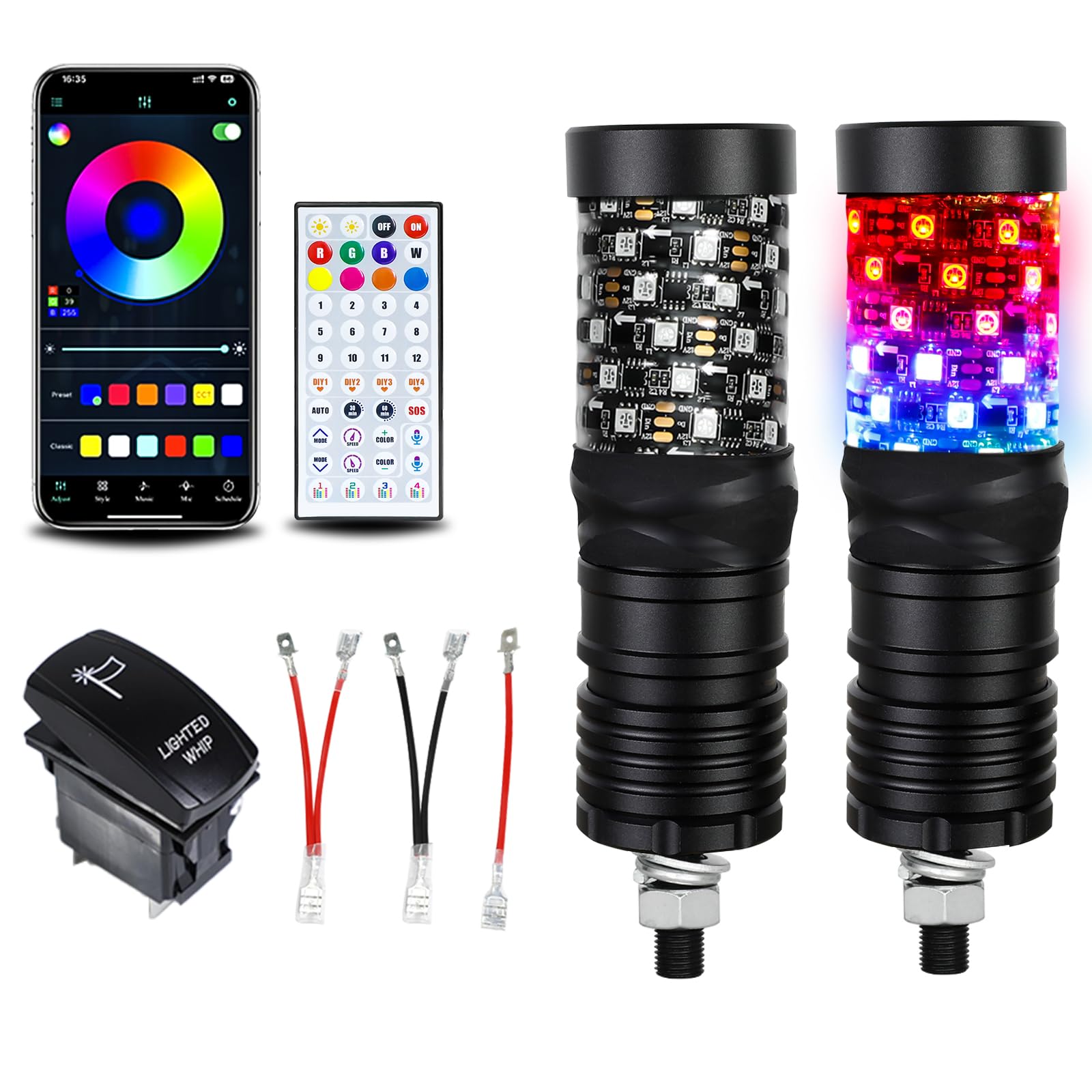 2 Pack 0.5FT Fat Whip Lights, LED Whips with App &amp; Remote Control, Spiral RGB Chasing Lighted Whips with Rocker Switch, Whip Lights for Side by Side SXS UTV ATV RZRCan-Am X3 Off-Road