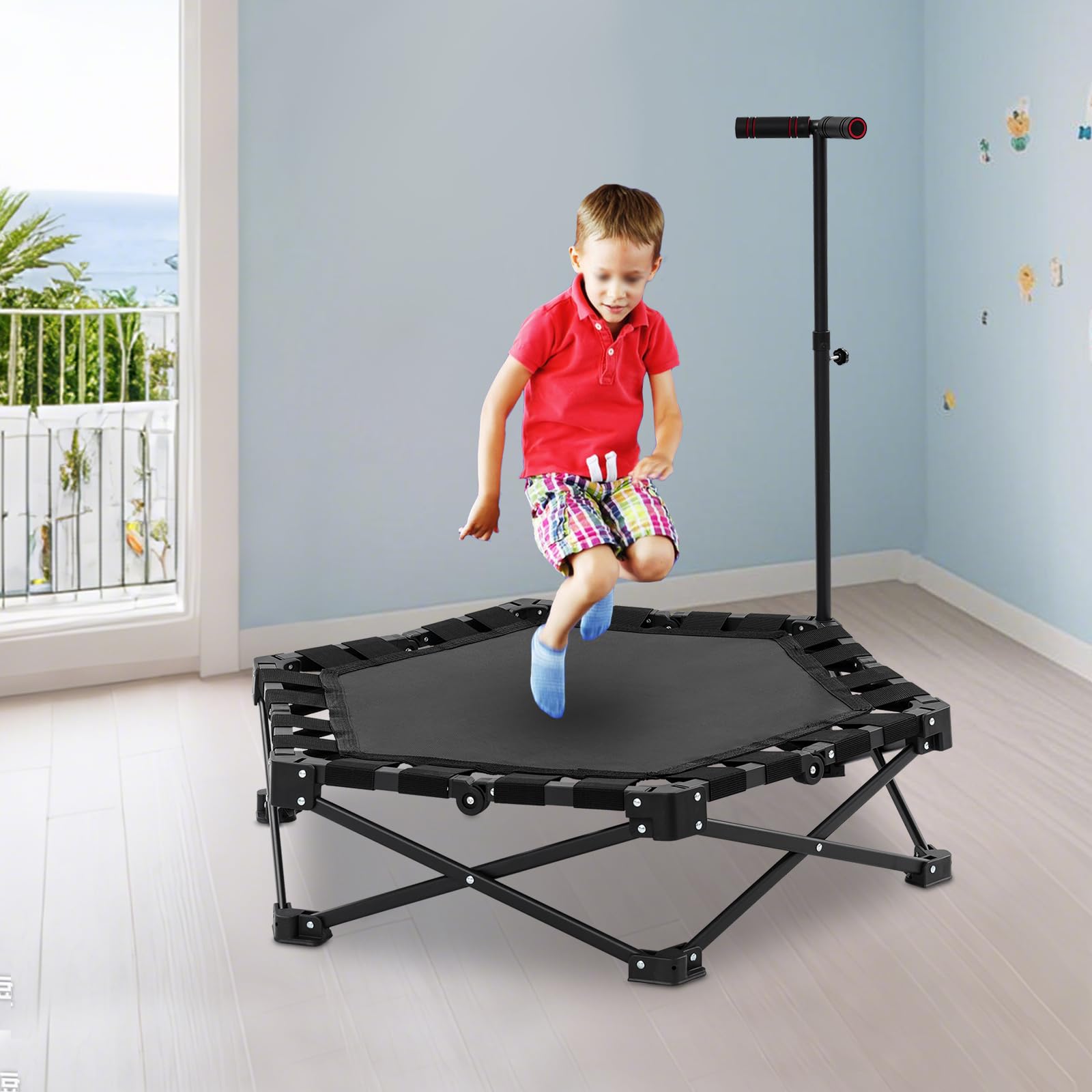 Składana trampolina fitness, nośność 150 kg, trampolina treningowa, z uchwytem, do użytku wewnątrz i na zewnątrz, sześciokątna, stabilne podparcie