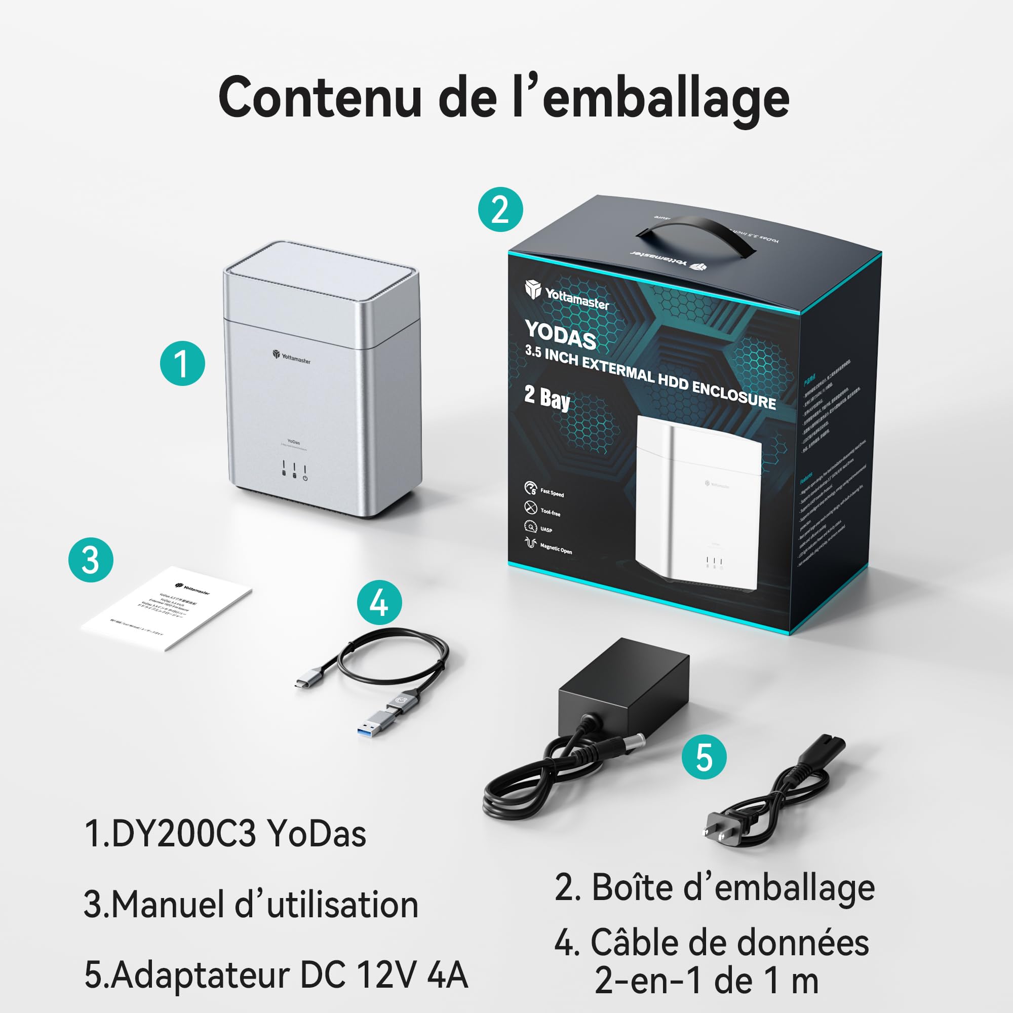 Yottamaster 2 Baies Boitier Disque Dur Externe, 3.5 HDD 5Gbps Couvercle Magnétique, Installation sans Outil, Jusqu’à 24 to × 2, Ventilateur Intégré de 60mm, Fonction Veille Automatique (sans Raid)